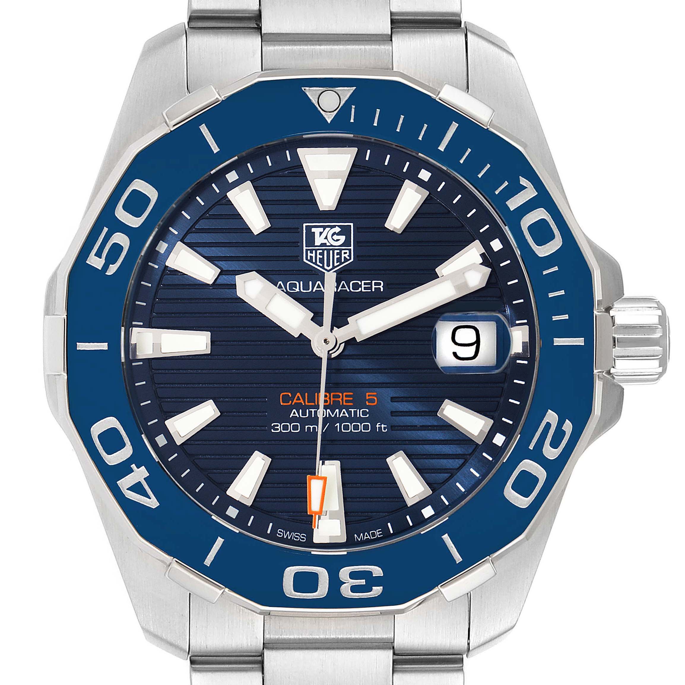 The image shows a close-up front view of the Tag Heuer Aquaracer WAY211C.BA0928 Men
s Stainless Steel Blue Dial WAY211C.BA0928 Men
s Stainless Steel Blue Dial watch, focusing on the dial, bezel, and bracelet.
