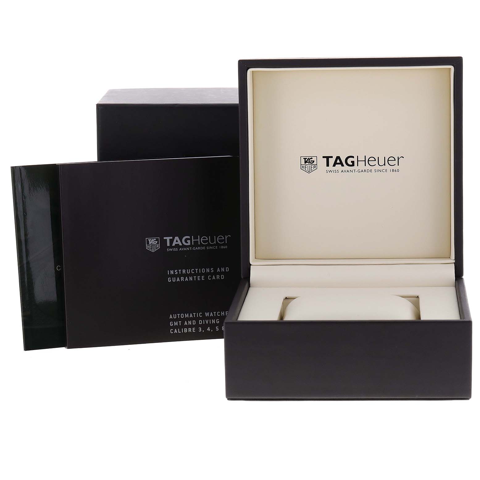 The image shows the empty box and instruction manuals for a Tag Heuer Aquaracer WAY211C.BA0928 Men
s Stainless Steel Blue Dial WAY211C.BA0928 Men
s Stainless Steel Blue Dial watch.