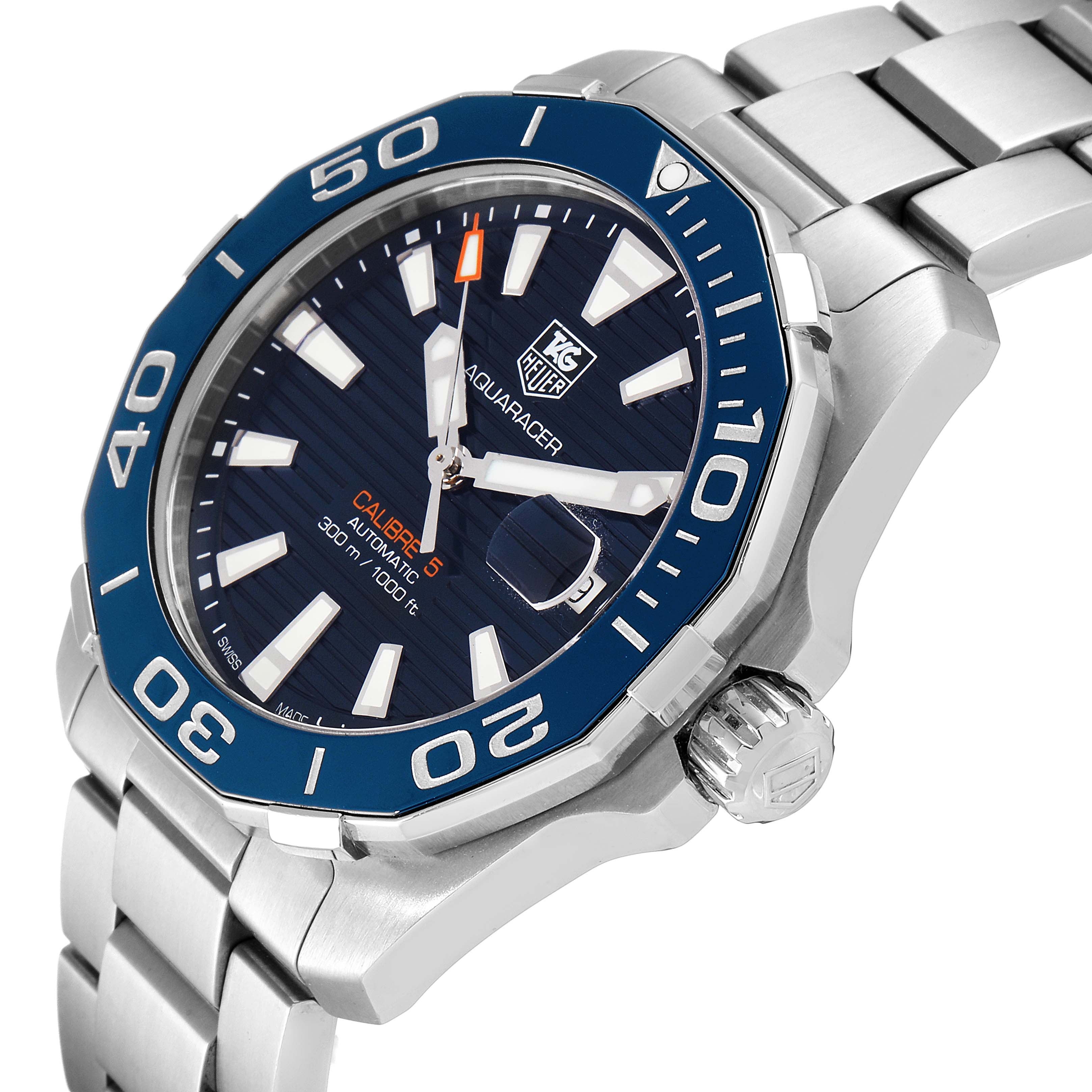 The image shows a side angle of the Tag Heuer Aquaracer WAY211C.BA0928 Men
s Stainless Steel Blue Dial WAY211C.BA0928 Men
s Stainless Steel Blue Dial watch, highlighting the bezel, dial, crown, and part of the bracelet.