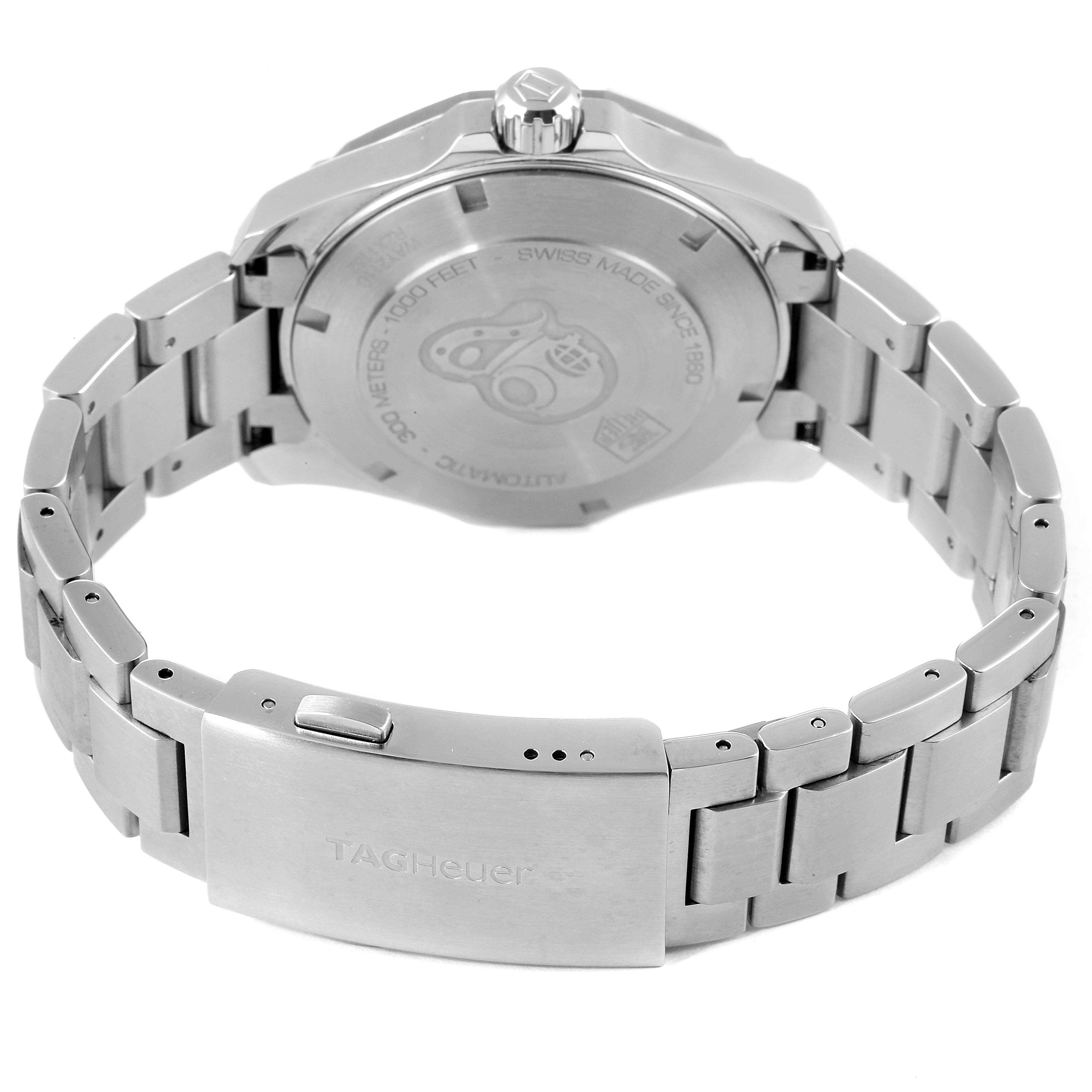 The image shows the back side of the Tag Heuer Aquaracer WAY211C.BA0928 Men
s Stainless Steel Blue Dial WAY211C.BA0928 Men
s Stainless Steel Blue Dial watch, highlighting its clasp, bracelet, and case back.