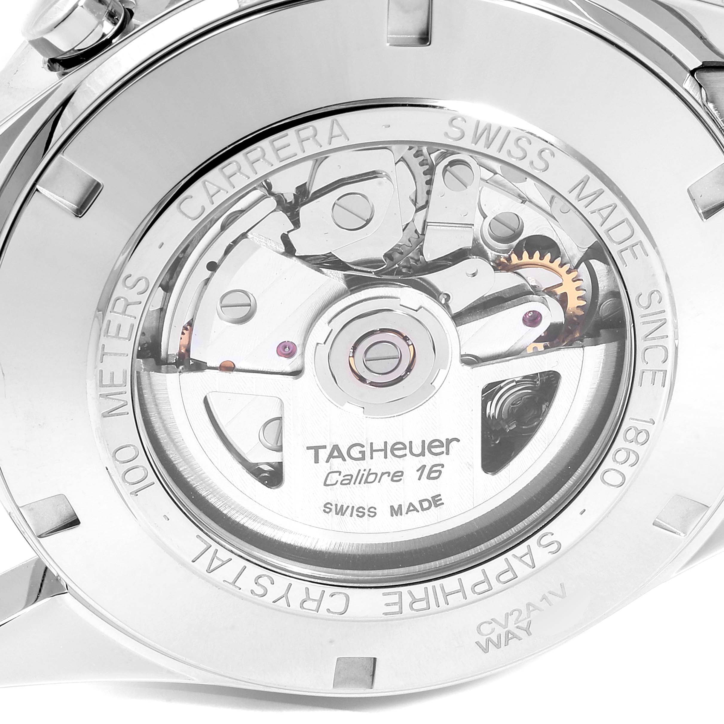 This image shows the back of a Tag Heuer Carrera CV2A1V.BA0738 Men
s Stainless Steel Blue Dial CV2A1V.BA0738 Men
s Stainless Steel Blue Dial watch, highlighting the Calibre 16 mechanism through a sapphire crystal caseback.