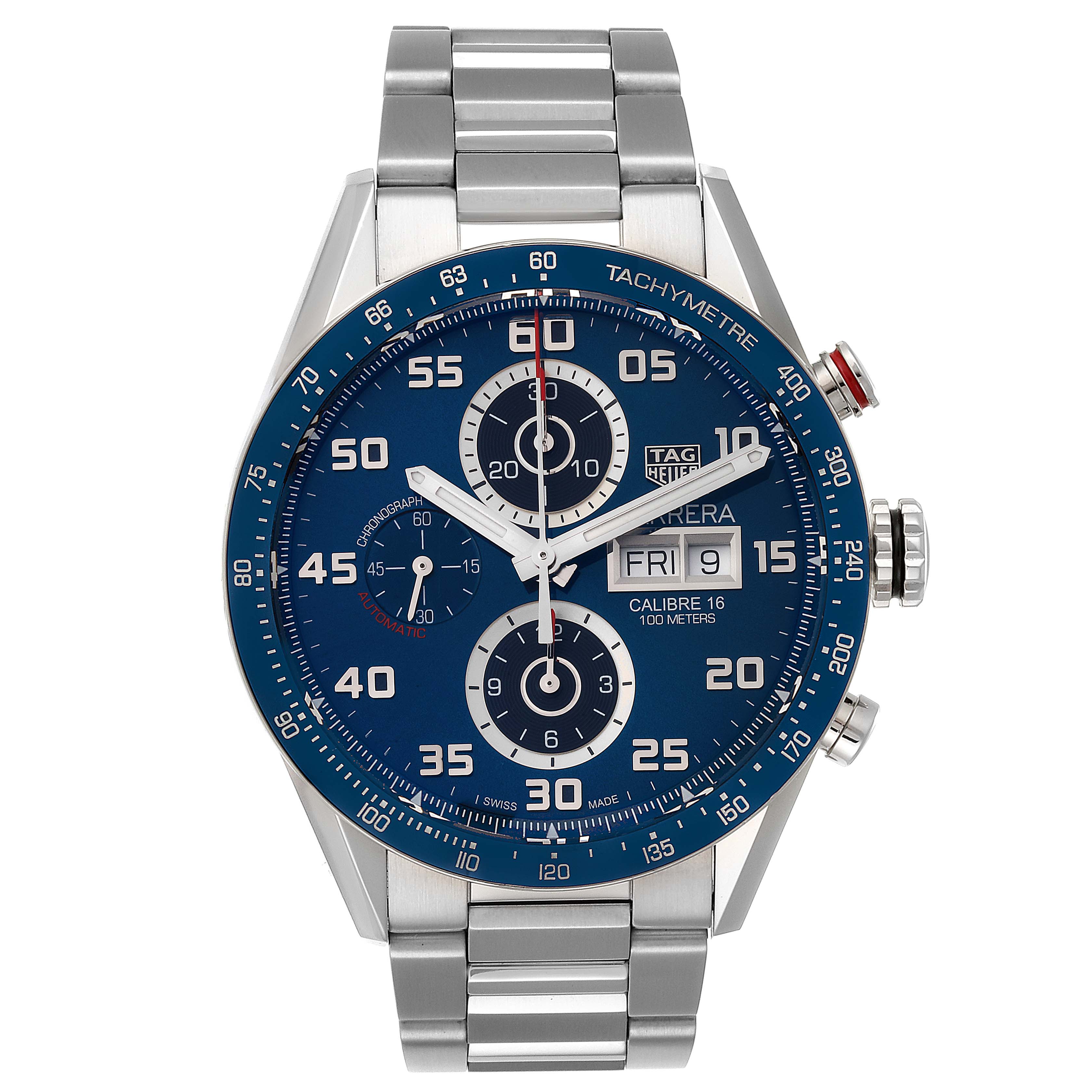 The image shows a front view of the Tag Heuer Carrera CV2A1V.BA0738 Men
s Stainless Steel Blue Dial CV2A1V.BA0738 Men
s Stainless Steel Blue Dial watch, displaying its face, stainless steel bracelet, and side buttons.