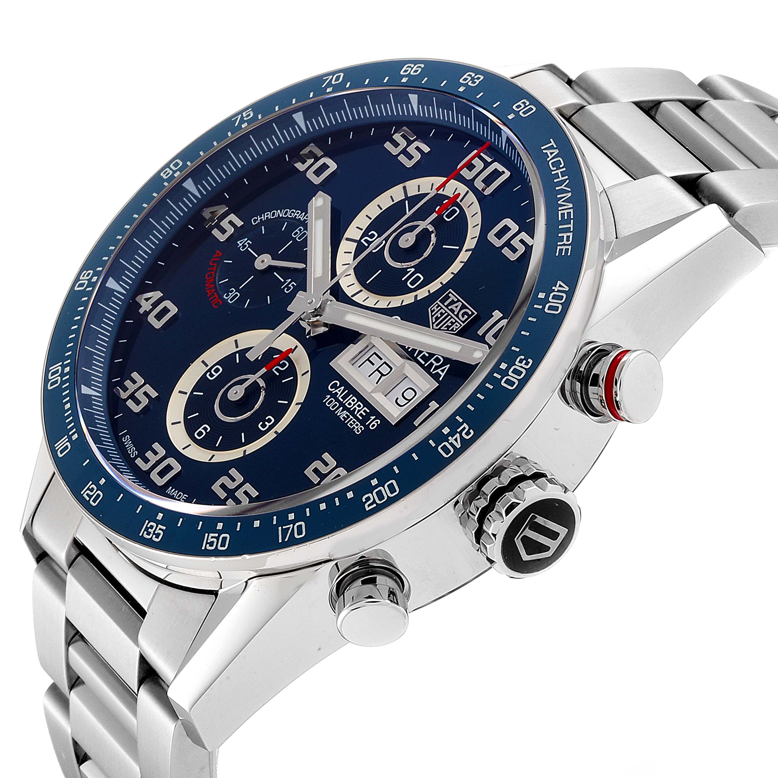 The image shows a close-up angle of the Tag Heuer Carrera CV2A1V.BA0738 Men
s Stainless Steel Blue Dial CV2A1V.BA0738 Men
s Stainless Steel Blue Dial watch, highlighting the dial, bezel, chronograph buttons, and crown.