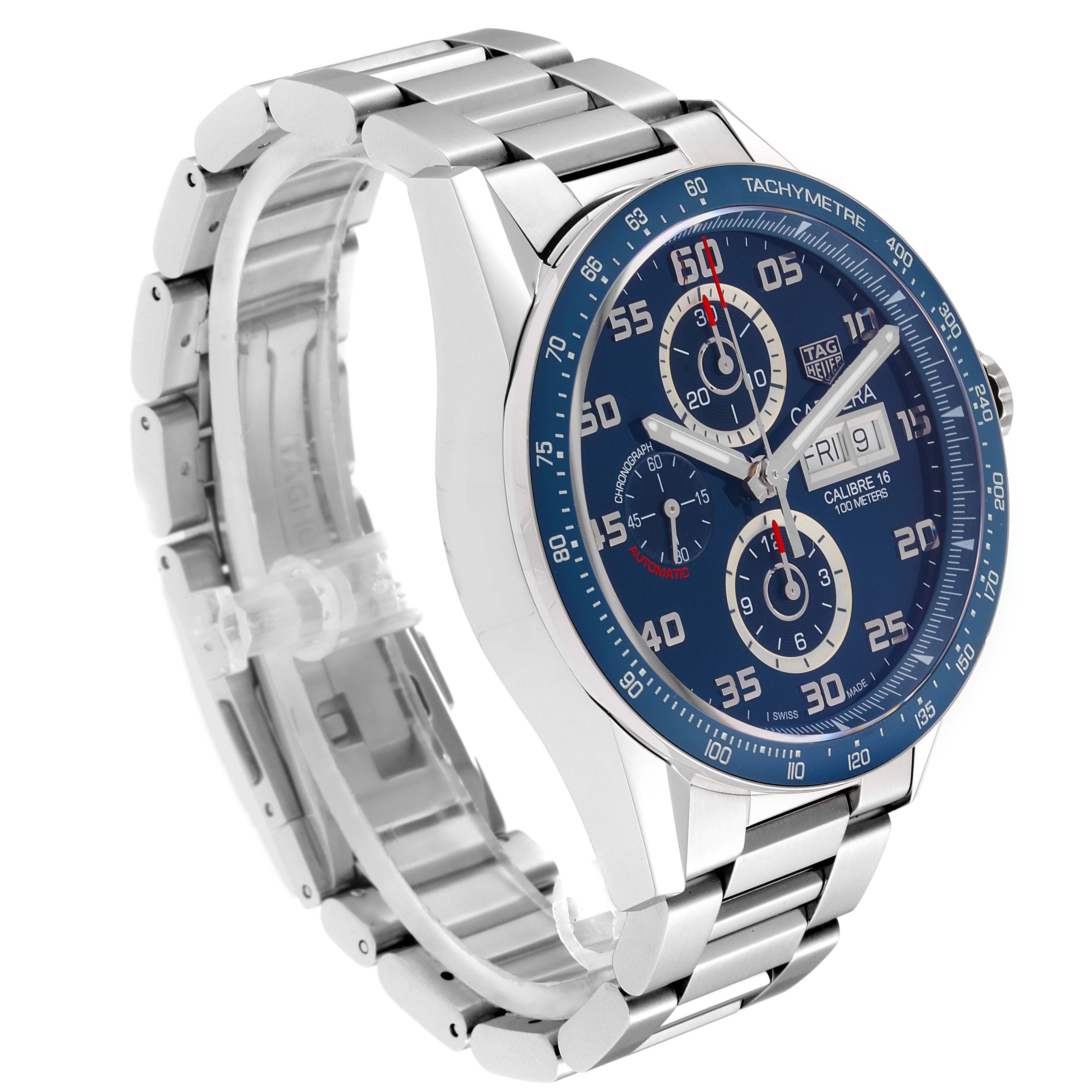 This image shows the side view of a Tag Heuer Carrera CV2A1V.BA0738 Men
s Stainless Steel Blue Dial CV2A1V.BA0738 Men
s Stainless Steel Blue Dial watch, detailing the face, tachymeter, and stainless steel bracelet.