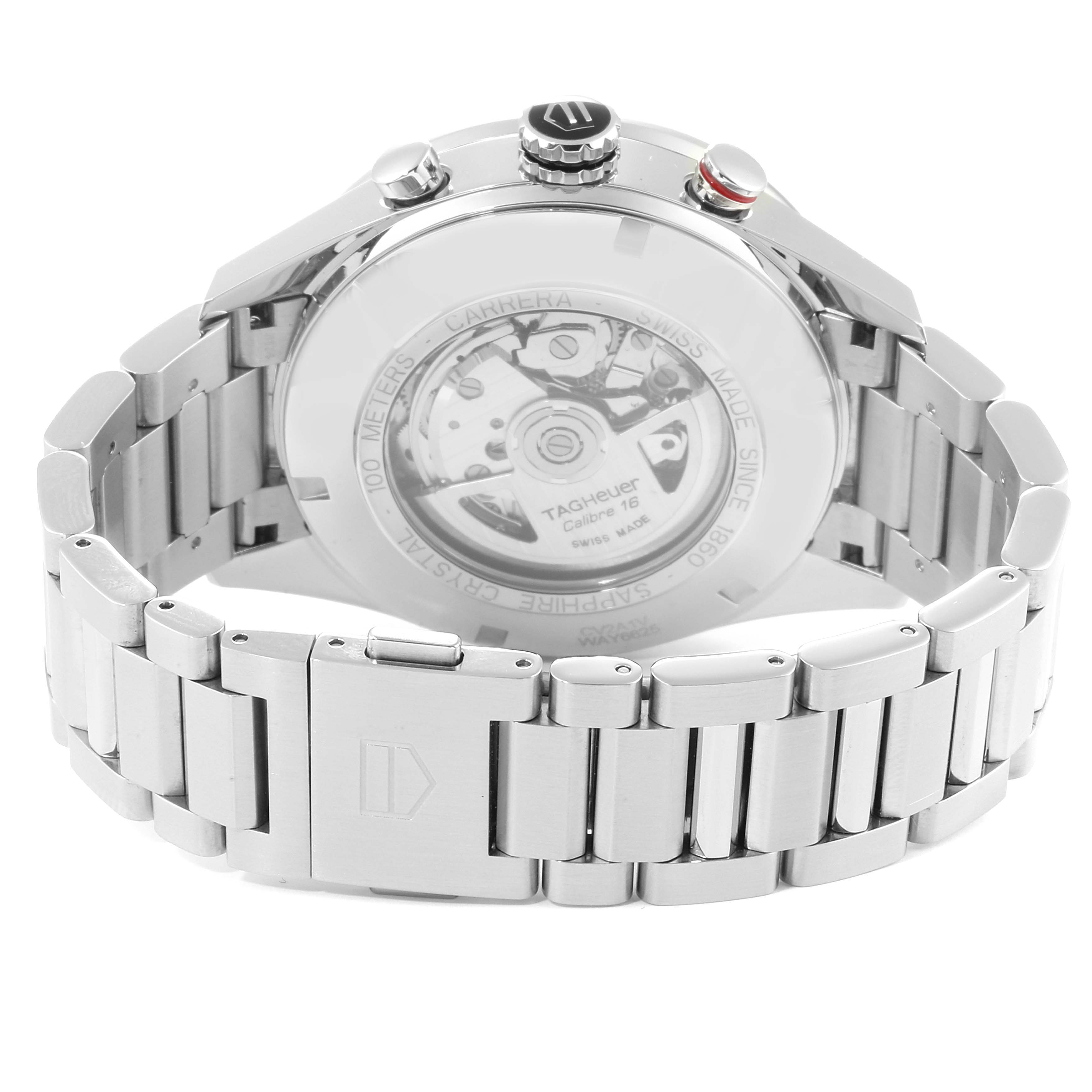 The image shows the back and clasp of a Tag Heuer Carrera CV2A1V.BA0738 Men
s Stainless Steel Blue Dial CV2A1V.BA0738 Men
s Stainless Steel Blue Dial watch, highlighting its stainless steel bracelet and transparent case back.