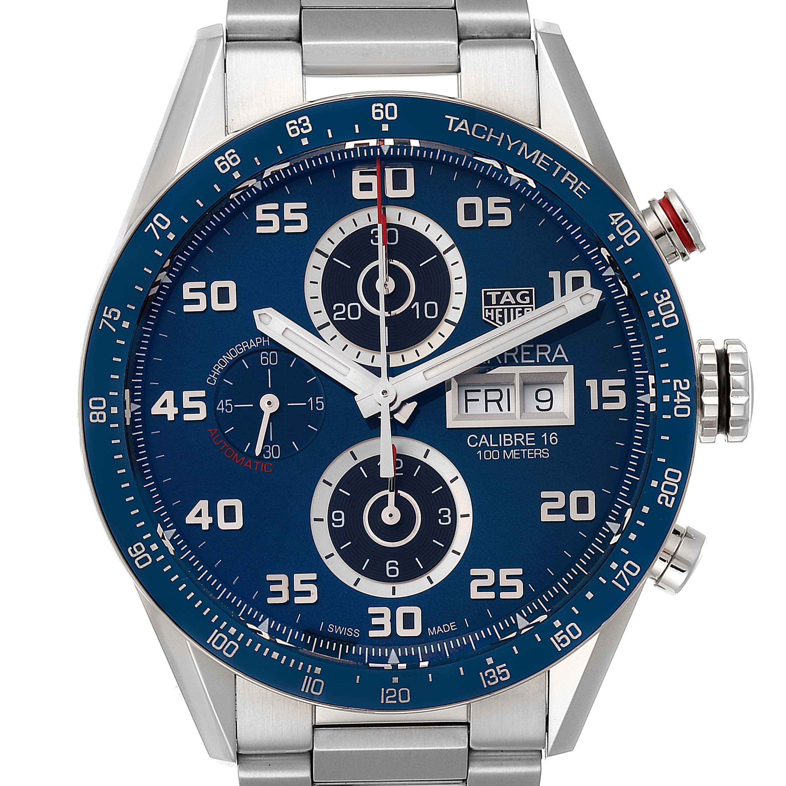 The image shows a close-up front view of a Tag Heuer Carrera CV2A1V.BA0738 Men
s Stainless Steel Blue Dial CV2A1V.BA0738 Men
s Stainless Steel Blue Dial watch, highlighting the dial, subdials, and tachymeter bezel.