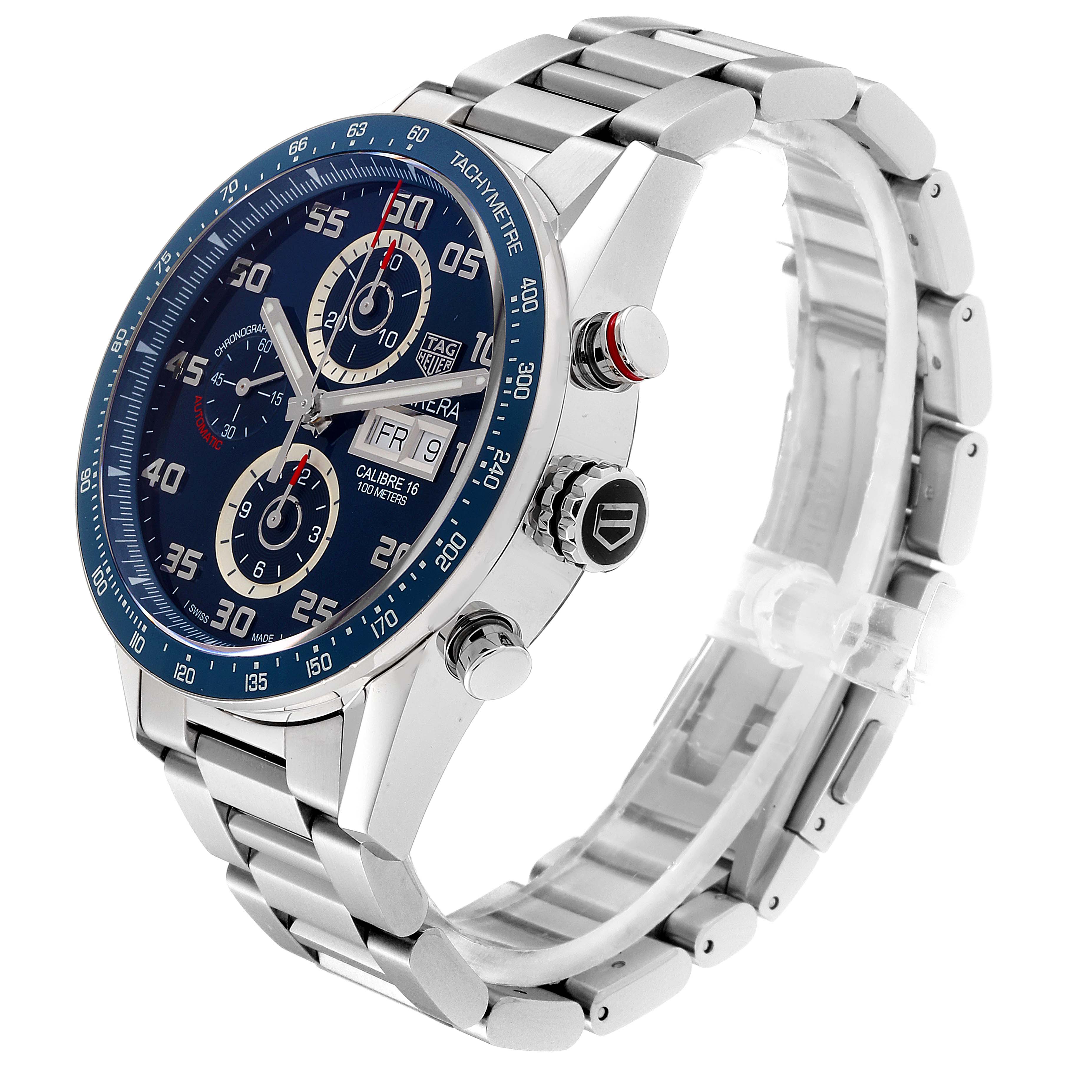The image shows a side angle of the Tag Heuer Carrera CV2A1V.BA0738 Men
s Stainless Steel Blue Dial CV2A1V.BA0738 Men
s Stainless Steel Blue Dial watch, highlighting its bracelet, crown, pushers, and tachymeter bezel.