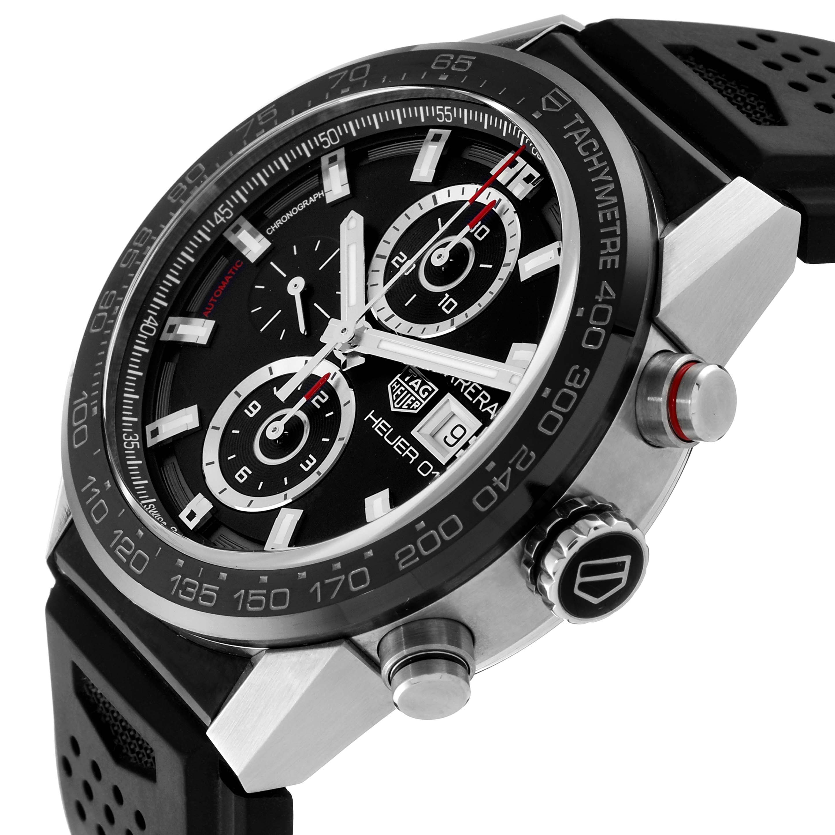 This image shows a close-up, angled view of the Tag Heuer Carrera CAR201Z.FT6046 Men's Stainless Steel Black Dial CAR201Z.FT6046 Men's Stainless Steel Black Dial watch, highlighting the chronograph dial, tachymeter bezel, and side buttons.