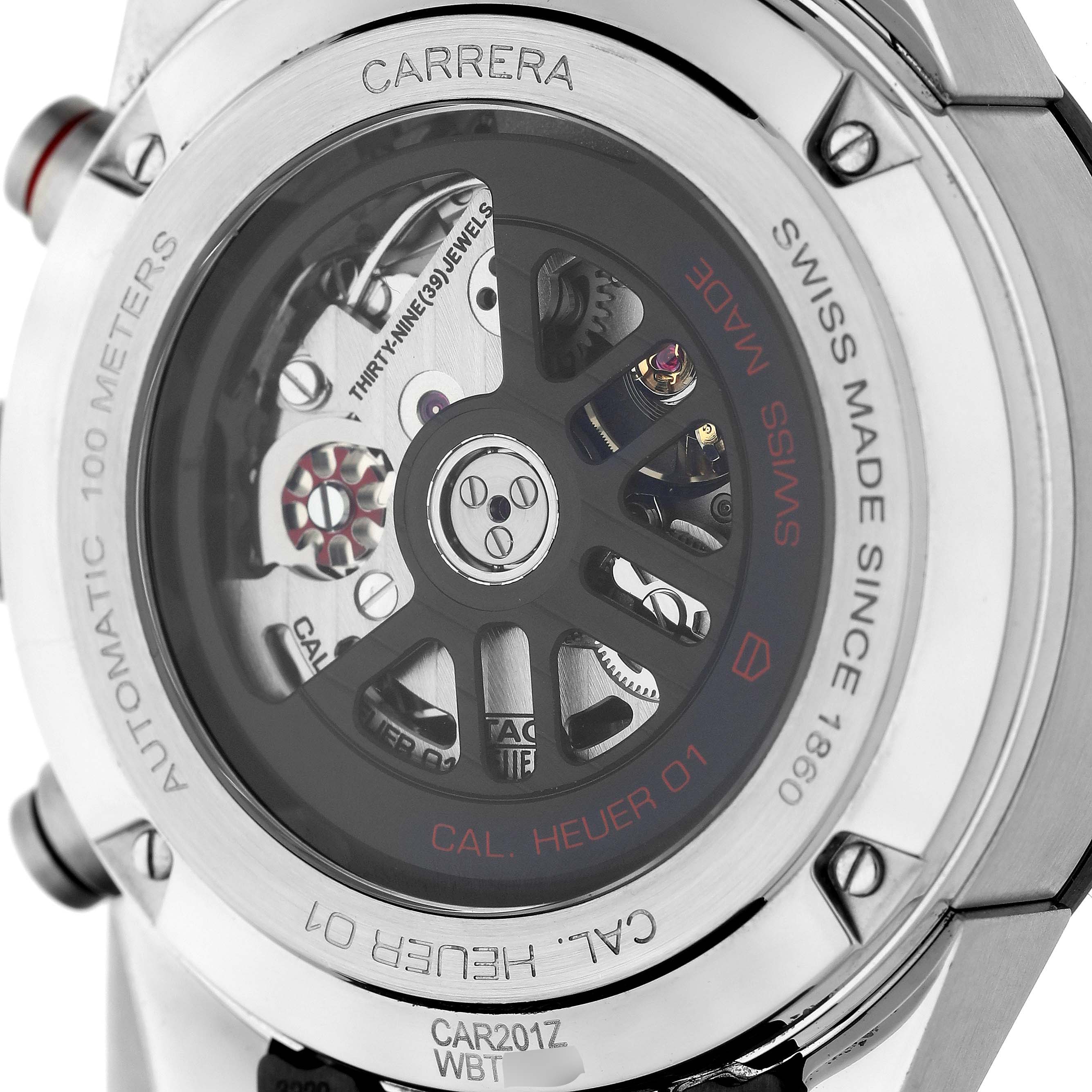 The image shows the back view of a Tag Heuer Carrera CAR201Z.FT6046 Men's Stainless Steel Black Dial CAR201Z.FT6046 Men's Stainless Steel Black Dial watch, displaying its automatic movement and internal mechanism.