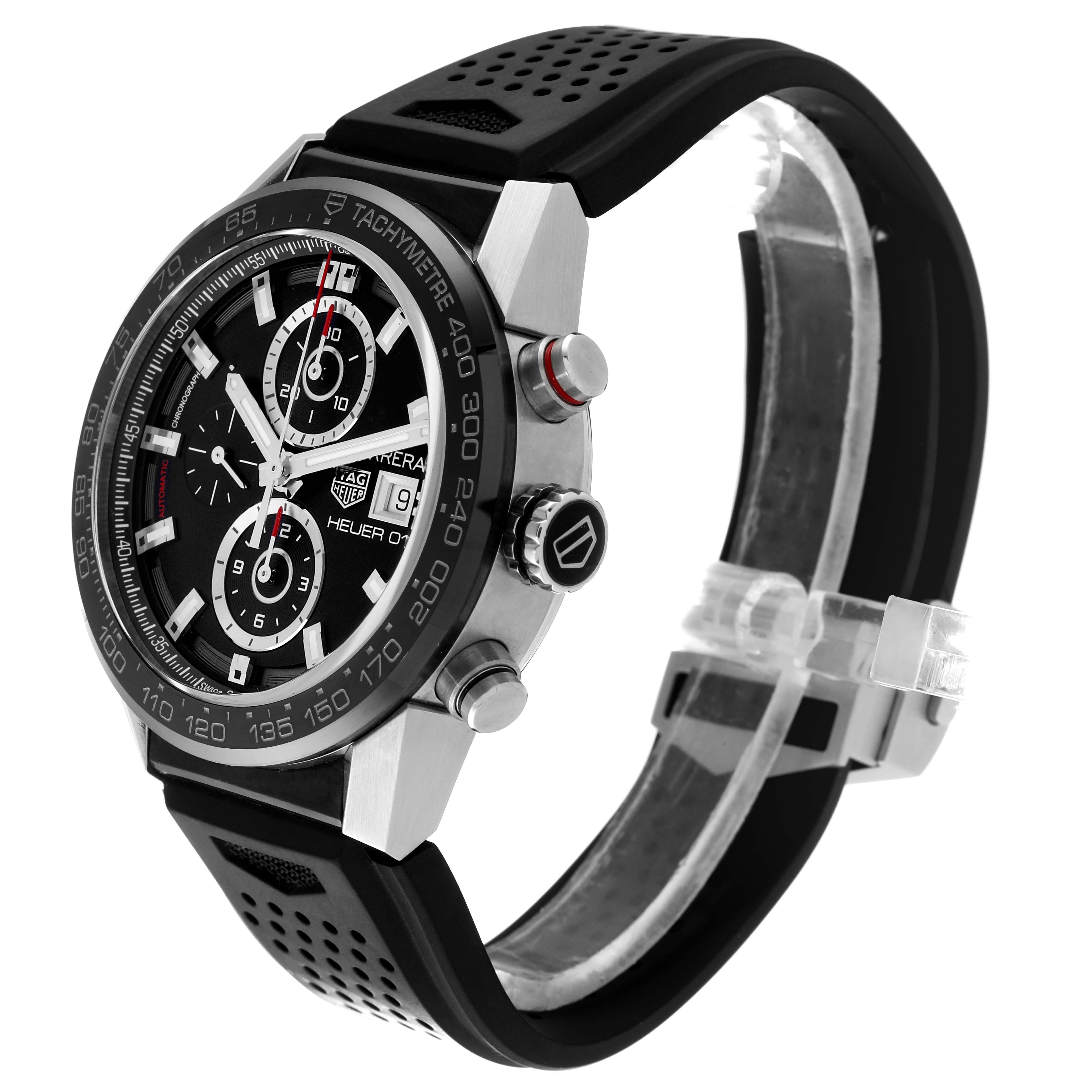 The image shows a side view angle of a Tag Heuer Carrera CAR201Z.FT6046 Men's Stainless Steel Black Dial CAR201Z.FT6046 Men's Stainless Steel Black Dial watch, highlighting its black dial, buttons, and perforated strap.