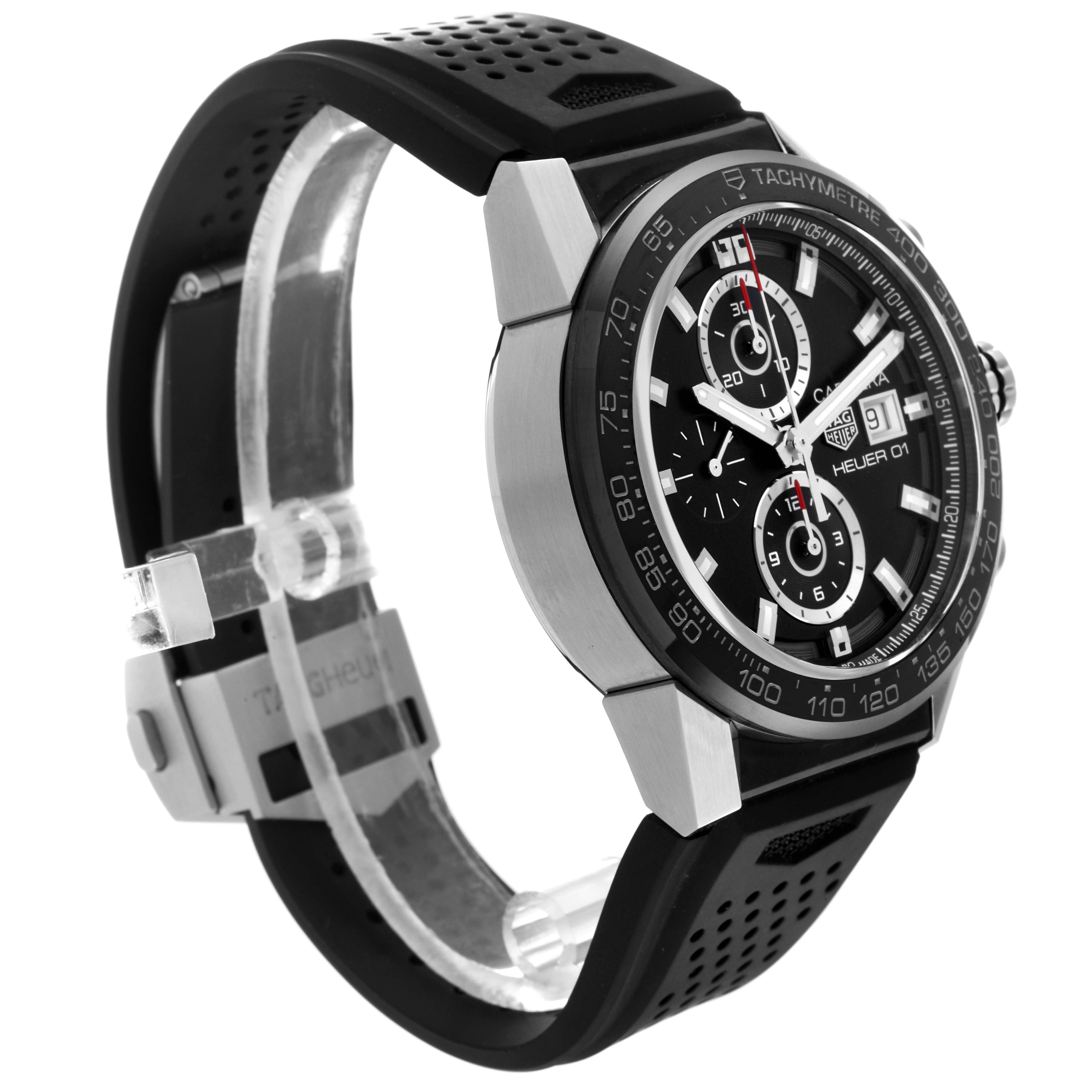 This image shows a side-angle view of the Tag Heuer Carrera CAR201Z.FT6046 Men's Stainless Steel Black Dial CAR201Z.FT6046 Men's Stainless Steel Black Dial model watch, highlighting its dial, bezel, and rubber strap.