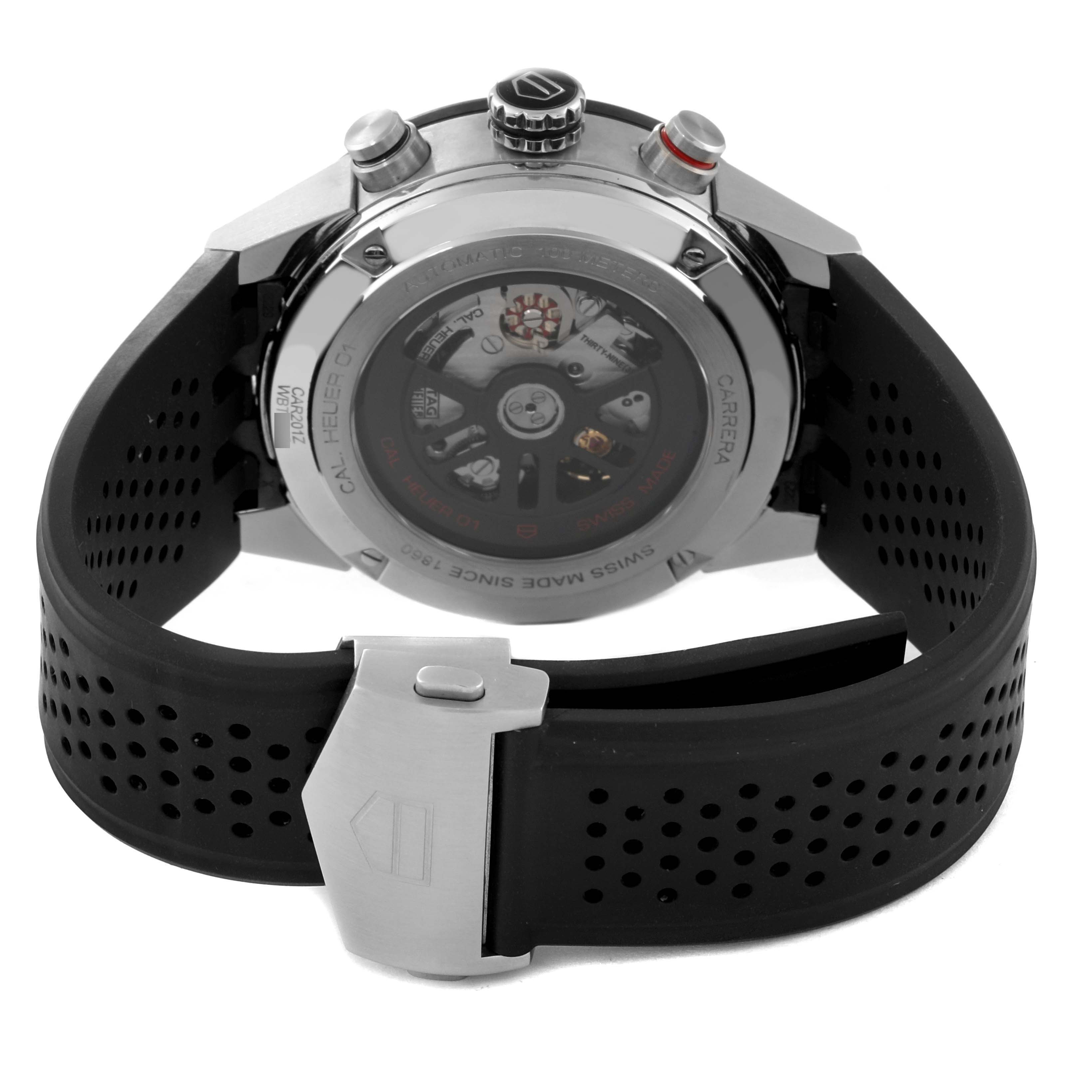 The image shows the back view of a Tag Heuer Carrera CAR201Z.FT6046 Men's Stainless Steel Black Dial CAR201Z.FT6046 Men's Stainless Steel Black Dial watch, highlighting its transparent case back and black rubber strap.