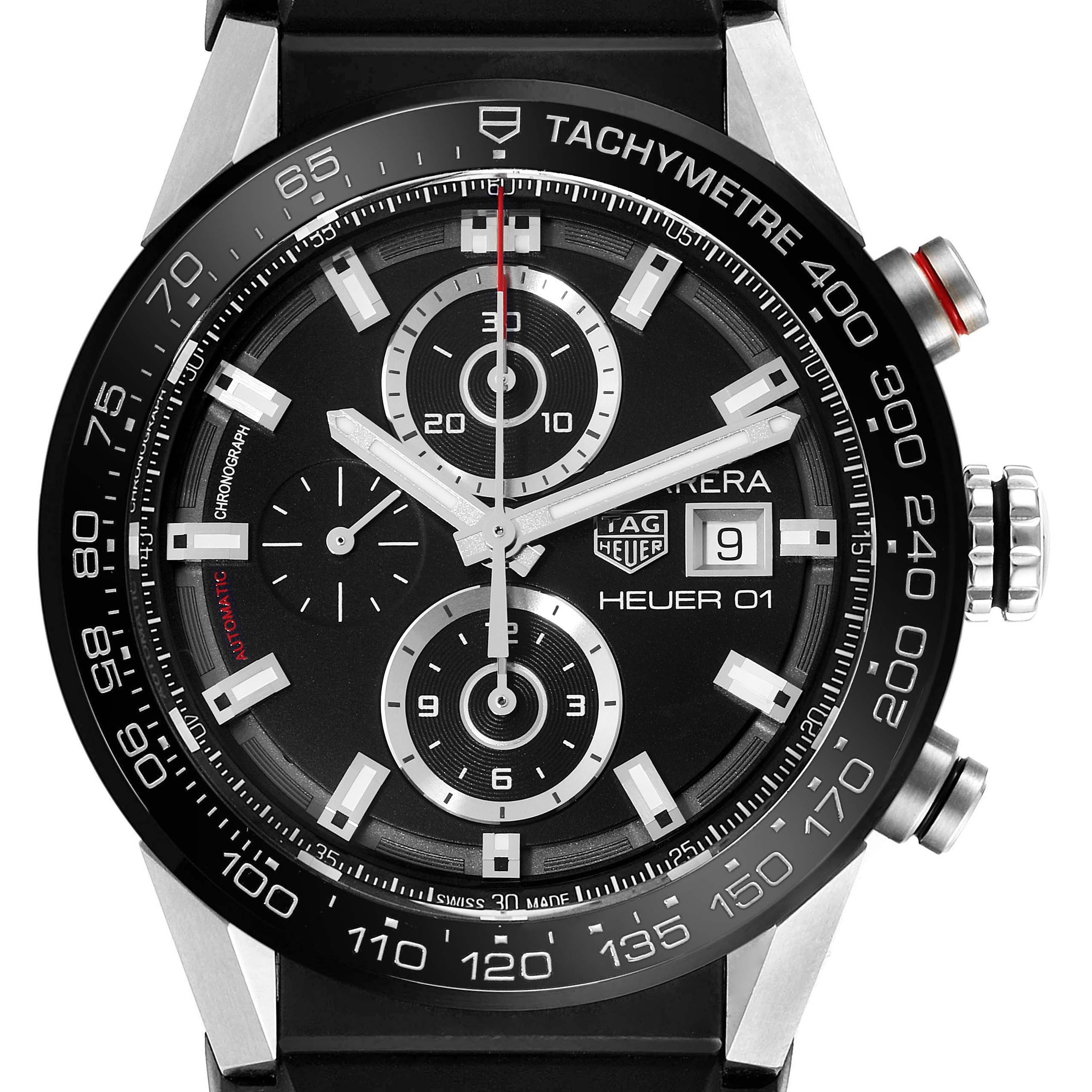 The Tag Heuer Carrera CAR201Z.FT6046 Men's Stainless Steel Black Dial CAR201Z.FT6046 Men's Stainless Steel Black Dial watch is shown from the front, featuring the tachymeter, chronograph dials, and date display.