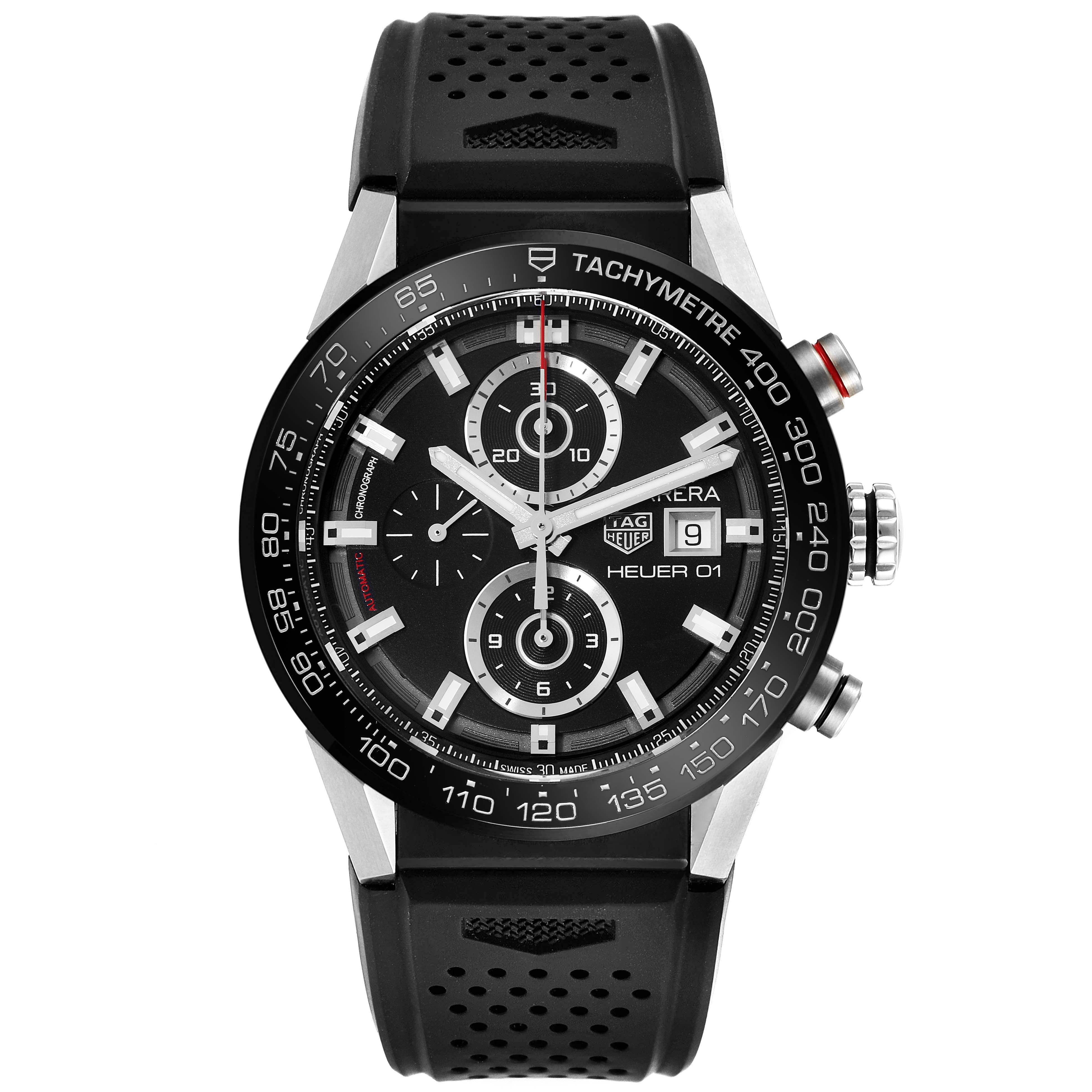 The image shows a front view of the Tag Heuer Carrera CAR201Z.FT6046 Men's Stainless Steel Black Dial CAR201Z.FT6046 Men's Stainless Steel Black Dial watch model, displaying its face, dials, and tachymeter bezel.