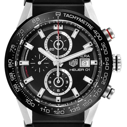 This image shows a frontal view of the Tag Heuer Carrera model watch, highlighting its face, bezel, and chronograph features.