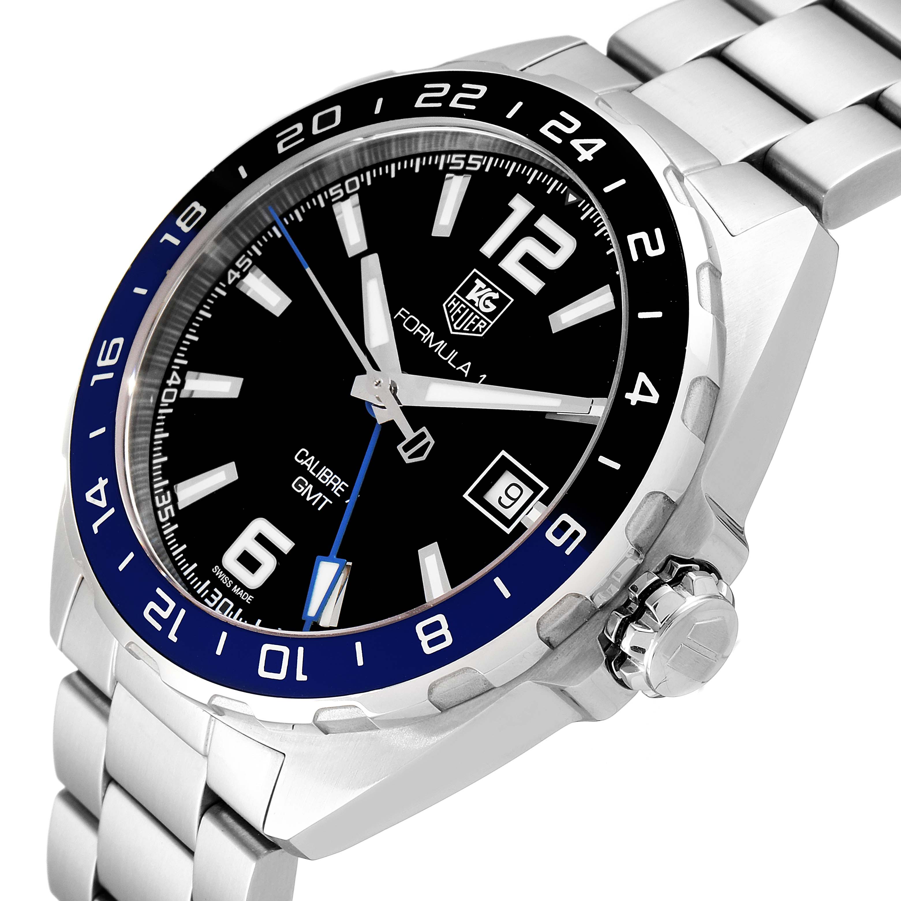 The Tag Heuer Formula 1 WAZ211A.BA0875 Men's Stainless Steel Black Dial WAZ211A.BA0875 Men's Stainless Steel Black Dial watch is shown from an angle highlighting its face, bezel, crown, and part of the bracelet.