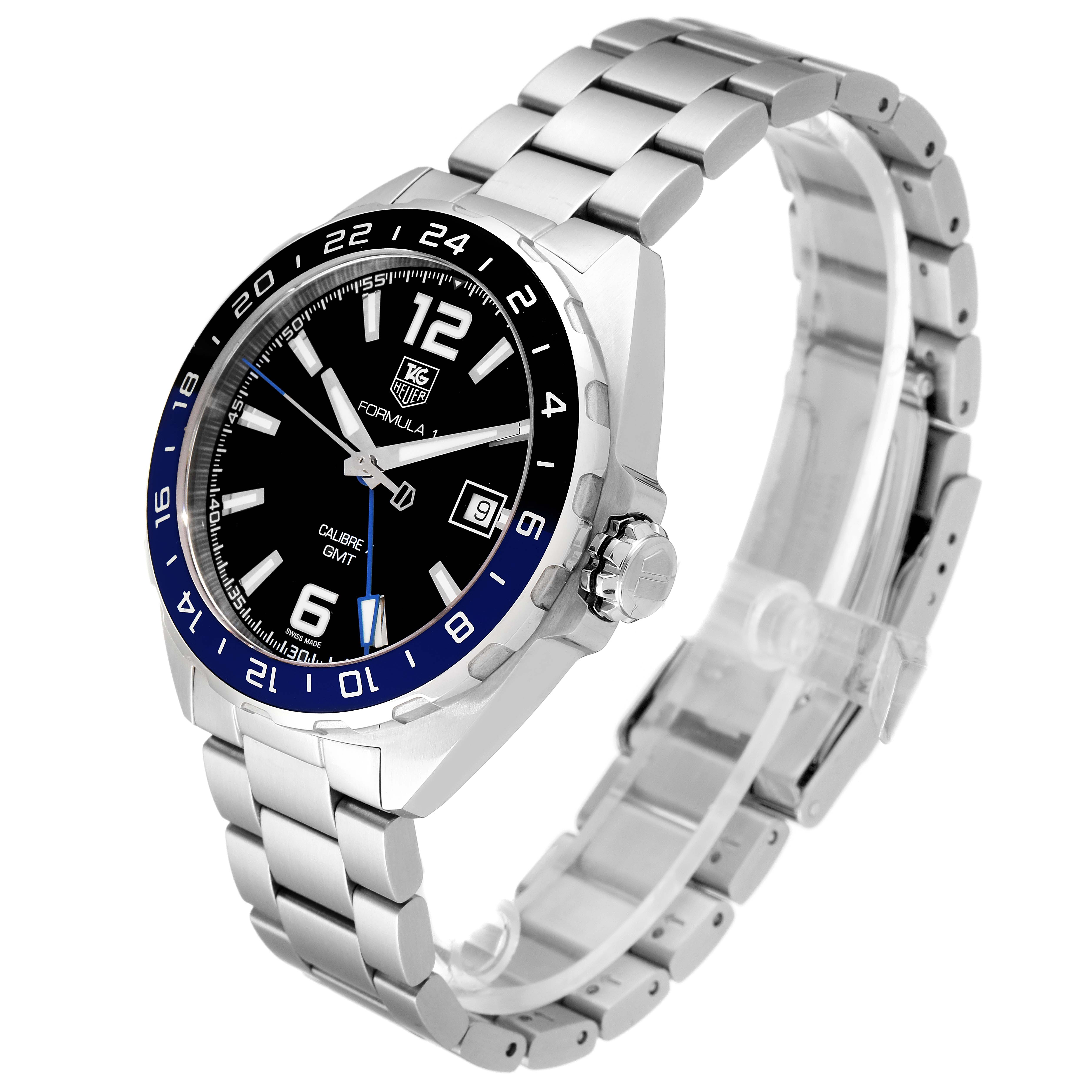 The Tag Heuer Formula 1 WAZ211A.BA0875 Men's Stainless Steel Black Dial WAZ211A.BA0875 Men's Stainless Steel Black Dial watch is shown at a three-quarter angle, displaying the face, bezel, crown, and bracelet.