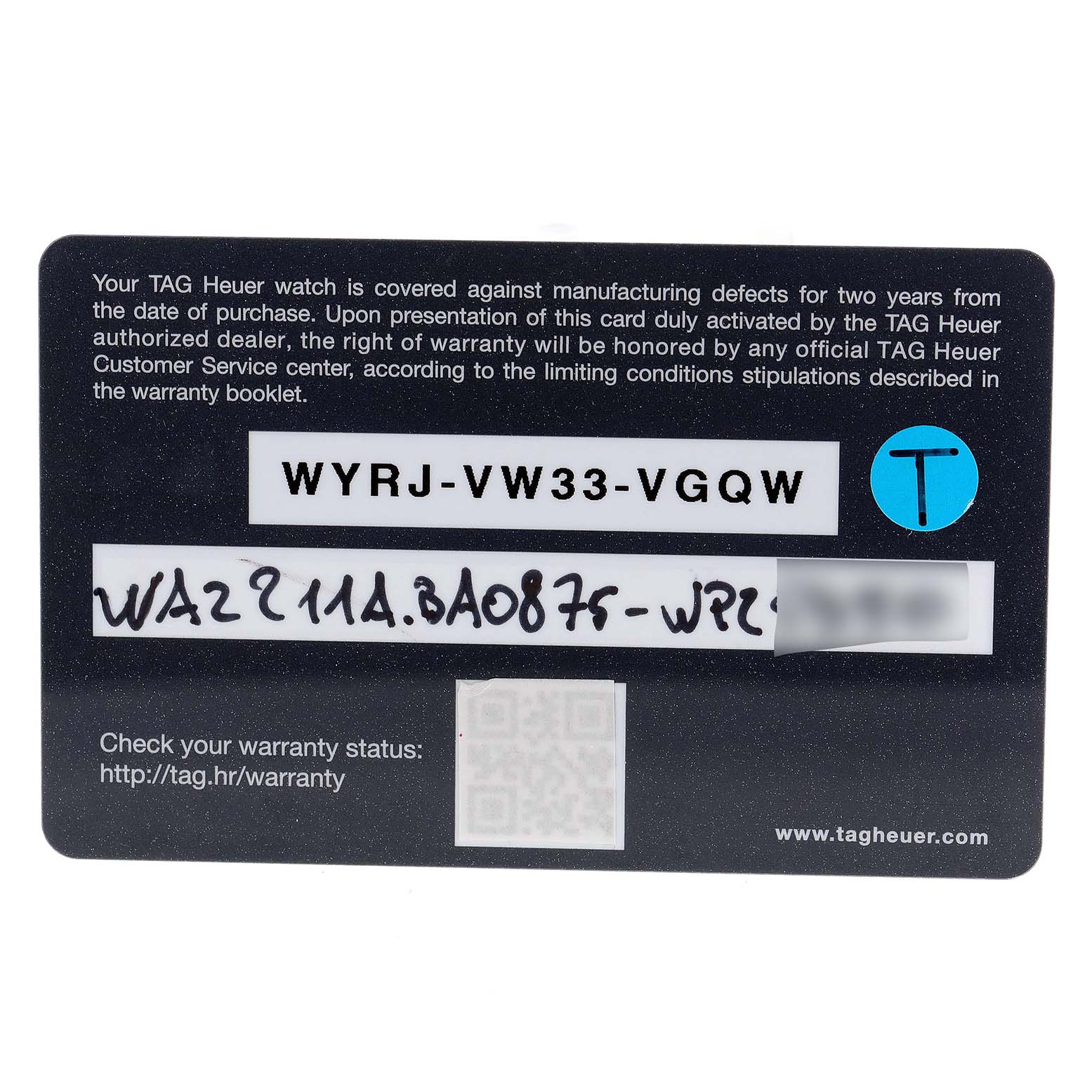 This is the warranty card for a Tag Heuer Formula 1 WAZ211A.BA0875 Men's Stainless Steel Black Dial WAZ211A.BA0875 Men's Stainless Steel Black Dial watch, showing warranty information and serial numbers.
