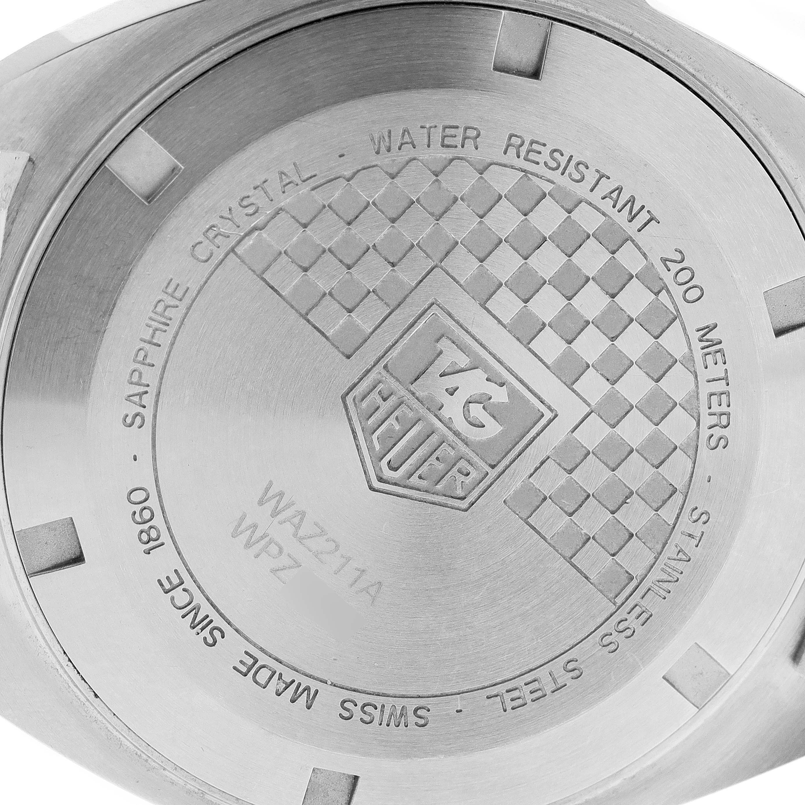 This image shows the back case of a Tag Heuer Formula 1 WAZ211A.BA0875 Men's Stainless Steel Black Dial WAZ211A.BA0875 Men's Stainless Steel Black Dial watch, highlighting its water resistance and other specifications.