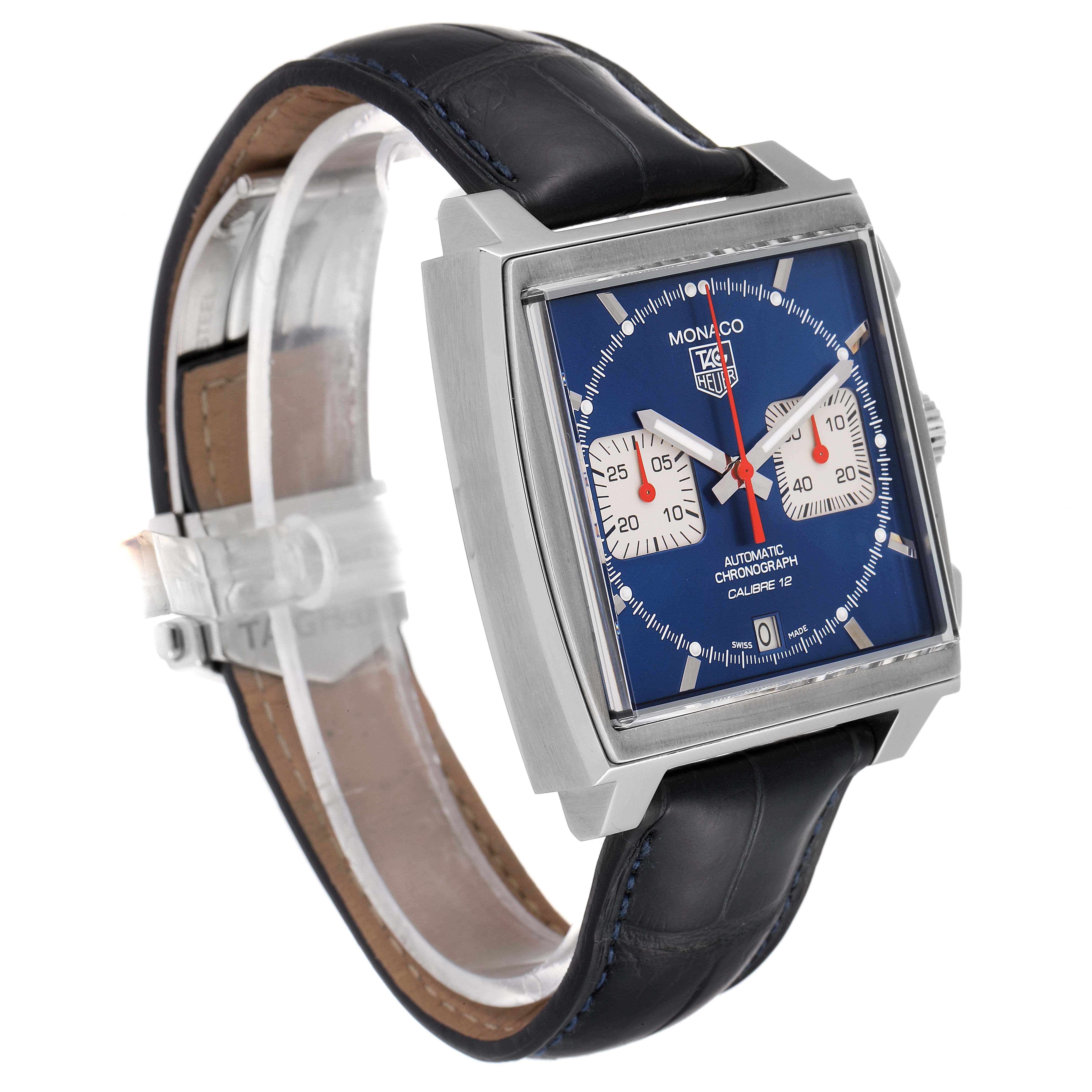 The image shows a side view of the Tag Heuer Monaco CAW2111 Men
s Stainless Steel Blue Dial CAW2111 Men
s Stainless Steel Blue Dial watch, highlighting its square face, blue dial, and leather strap.