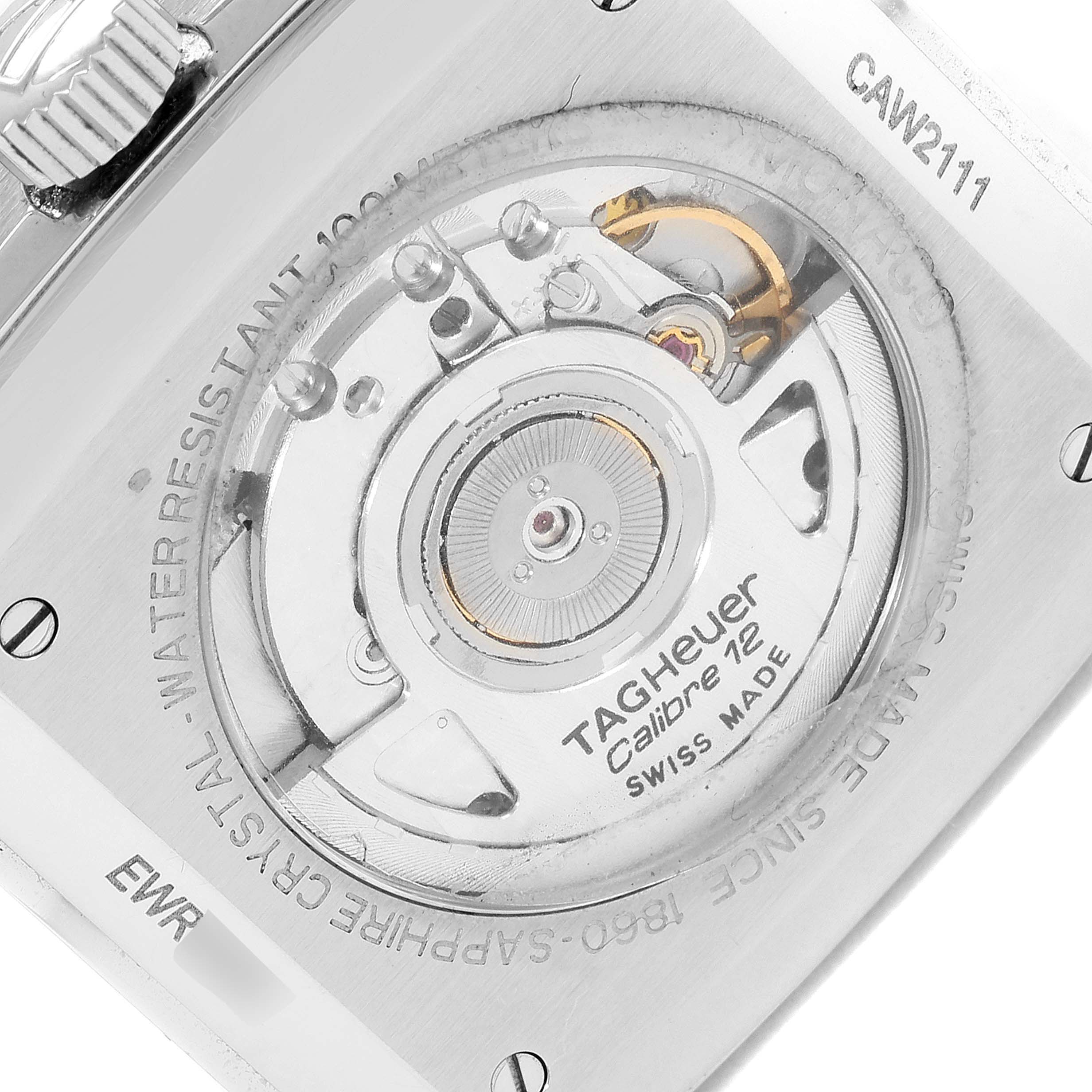 The image shows the back view of the Tag Heuer Monaco CAW2111 Men
s Stainless Steel Blue Dial CAW2111 Men
s Stainless Steel Blue Dial watch, focusing on the Calibre 12 movement.