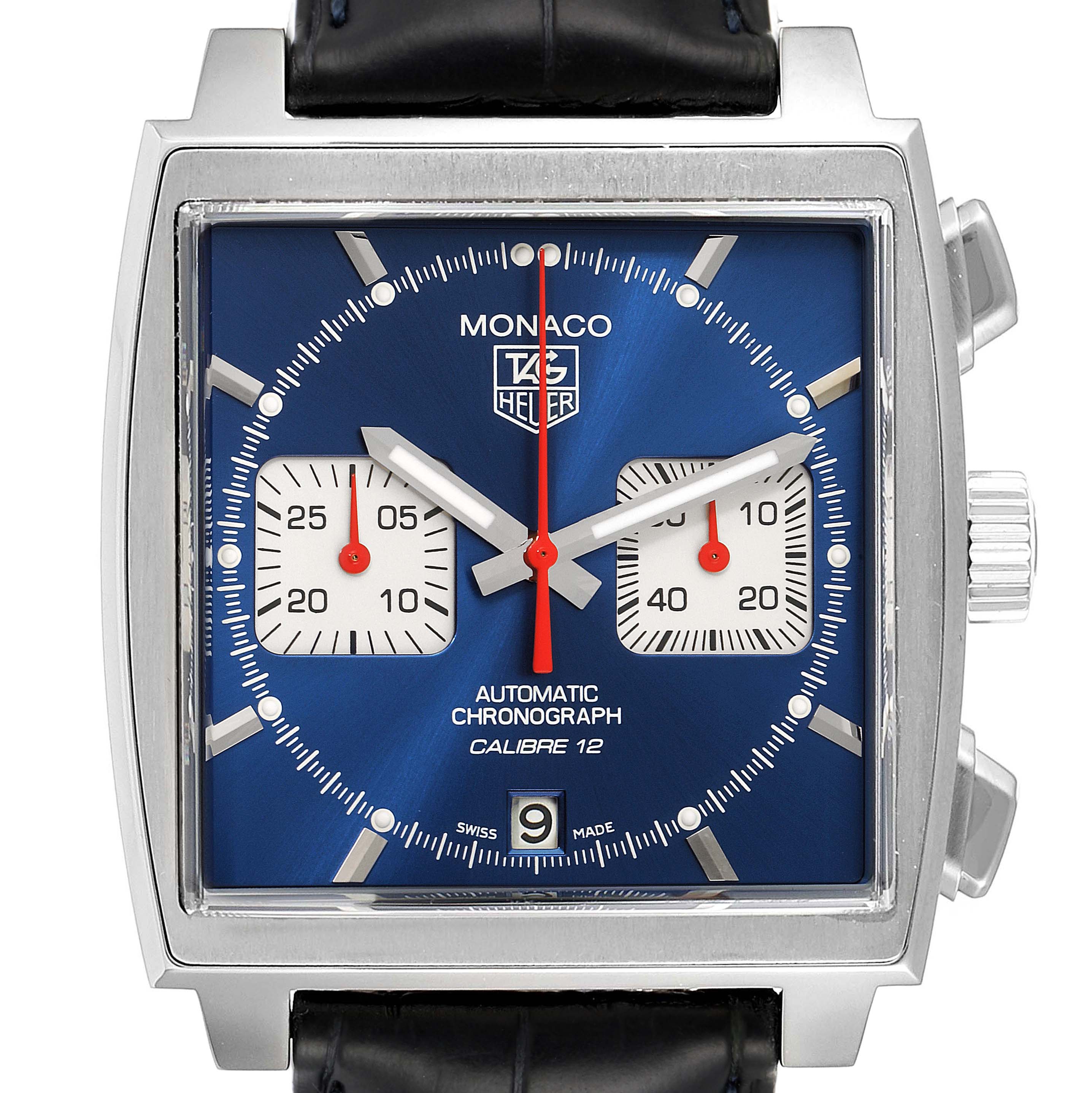 The Tag Heuer Monaco CAW2111 Men
s Stainless Steel Blue Dial CAW2111 Men
s Stainless Steel Blue Dial watch is shown from the front, displaying the face, hands, subdials, and part of the strap.