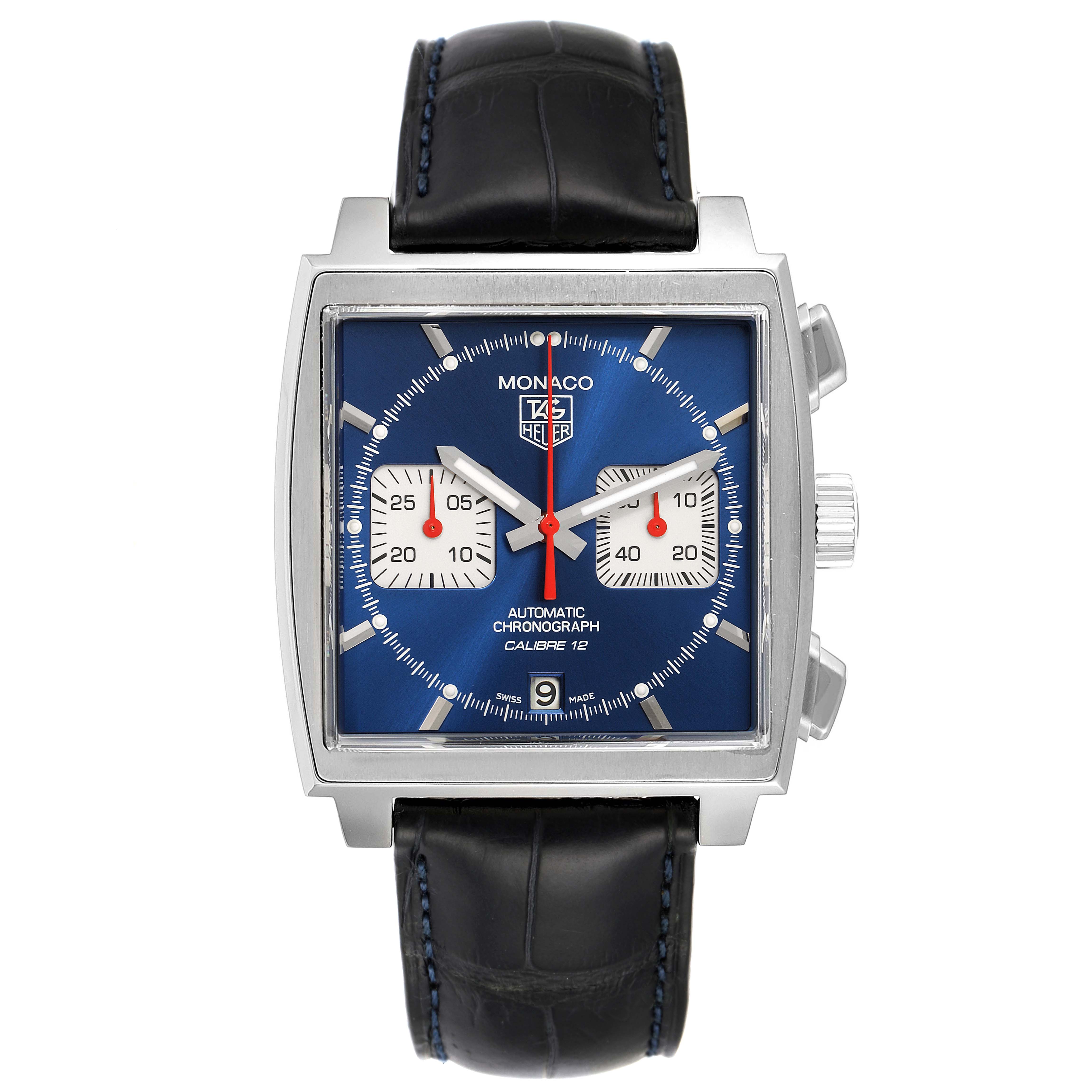 The Tag Heuer Monaco CAW2111 Men
s Stainless Steel Blue Dial CAW2111 Men
s Stainless Steel Blue Dial model watch is shown from a front angle, displaying its blue dial, square case, and black leather strap.