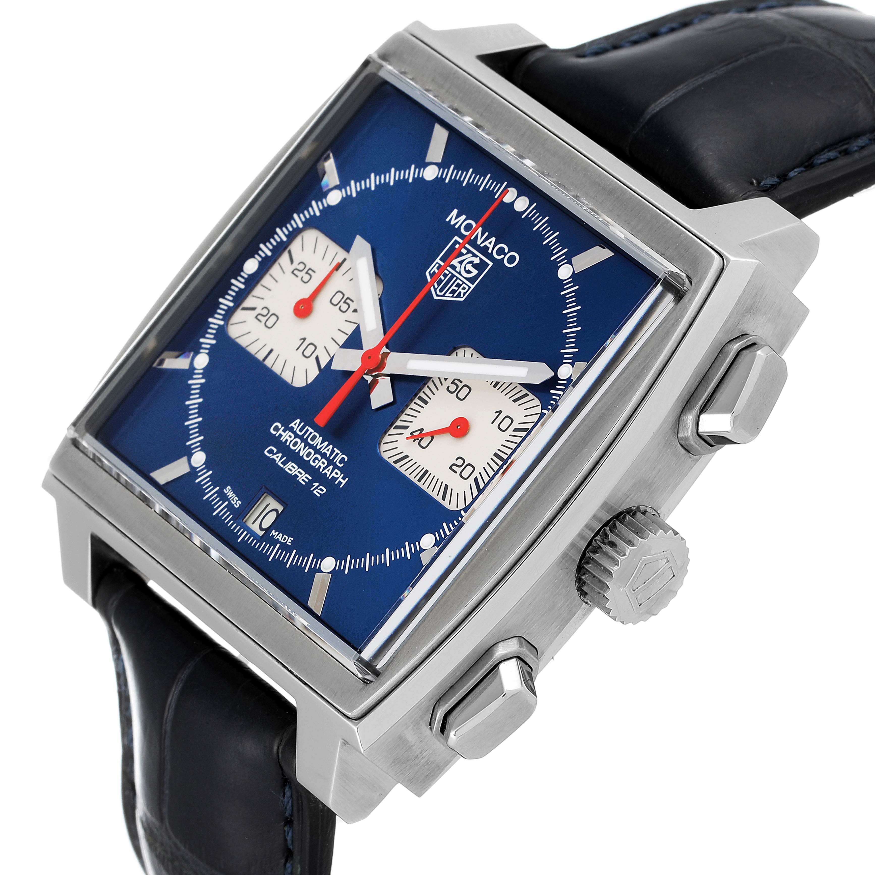 The image shows a close-up angled view of the Tag Heuer Monaco CAW2111 Men
s Stainless Steel Blue Dial CAW2111 Men
s Stainless Steel Blue Dial watch, highlighting its blue dial, subdials, and crown.
