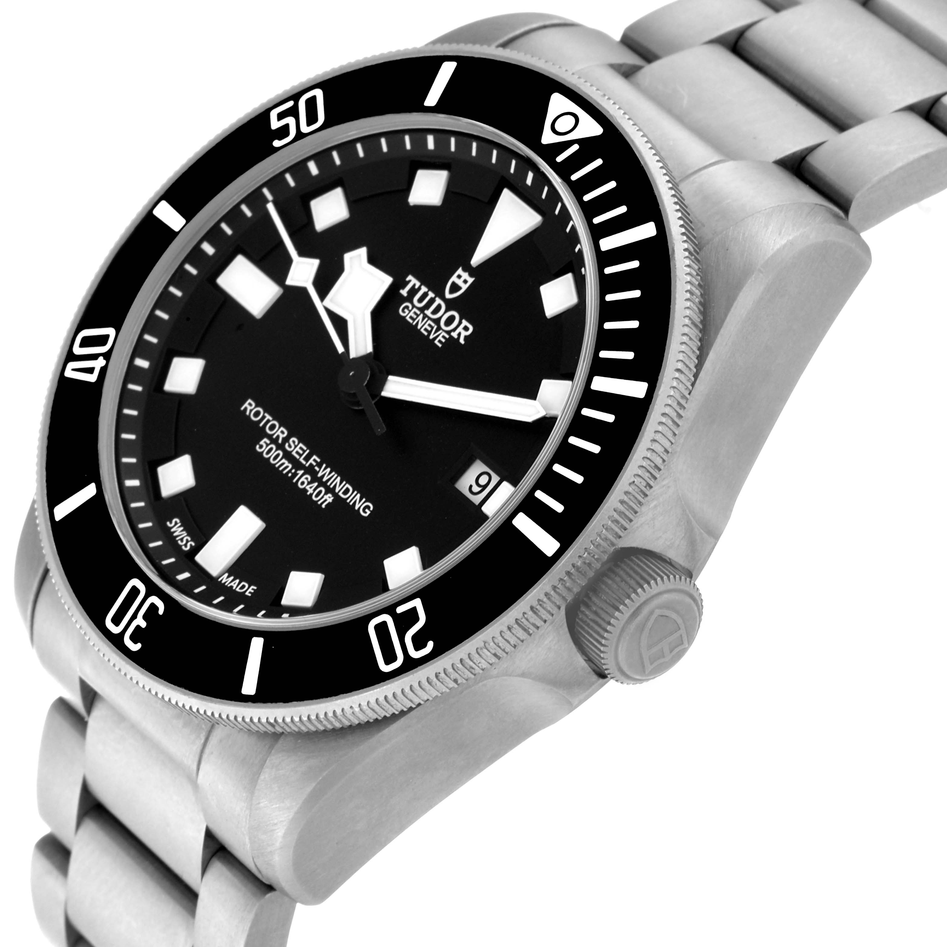 The image displays a Tudor Pelagos 25500TN Men's Titanium Black Dial 25500TN Men's Titanium Black Dial watch at an angled close-up, highlighting its face, bezel, dial, bracelet, and crown.