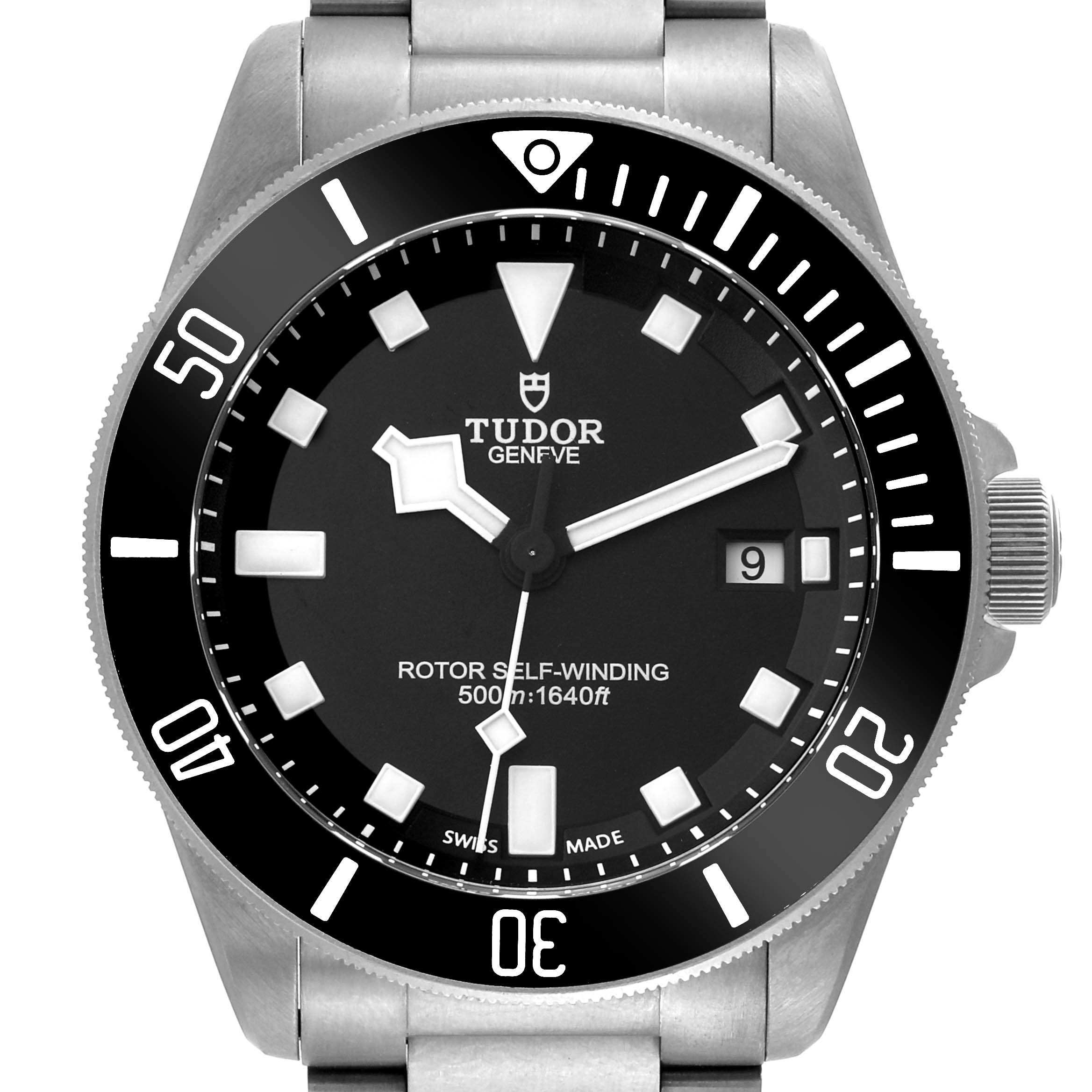 The image shows a front view of the Tudor Pelagos 25500TN Men's Titanium Black Dial 25500TN Men's Titanium Black Dial watch, highlighting the dial, bezel, hands, and bracelet.