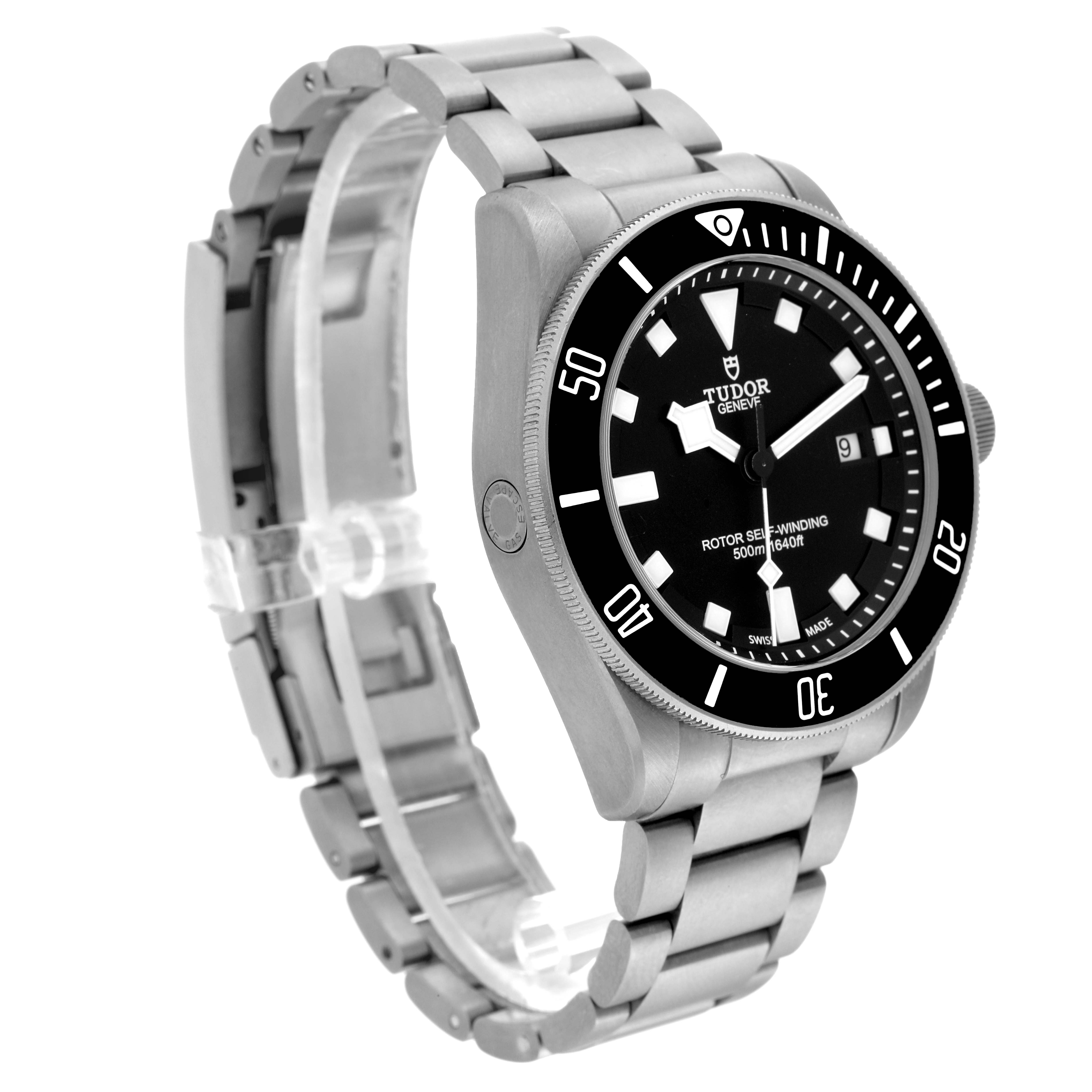 The Tudor Pelagos 25500TN Men's Titanium Black Dial 25500TN Men's Titanium Black Dial watch is shown at a three-quarters angle highlighting the face, bezel, and bracelet.