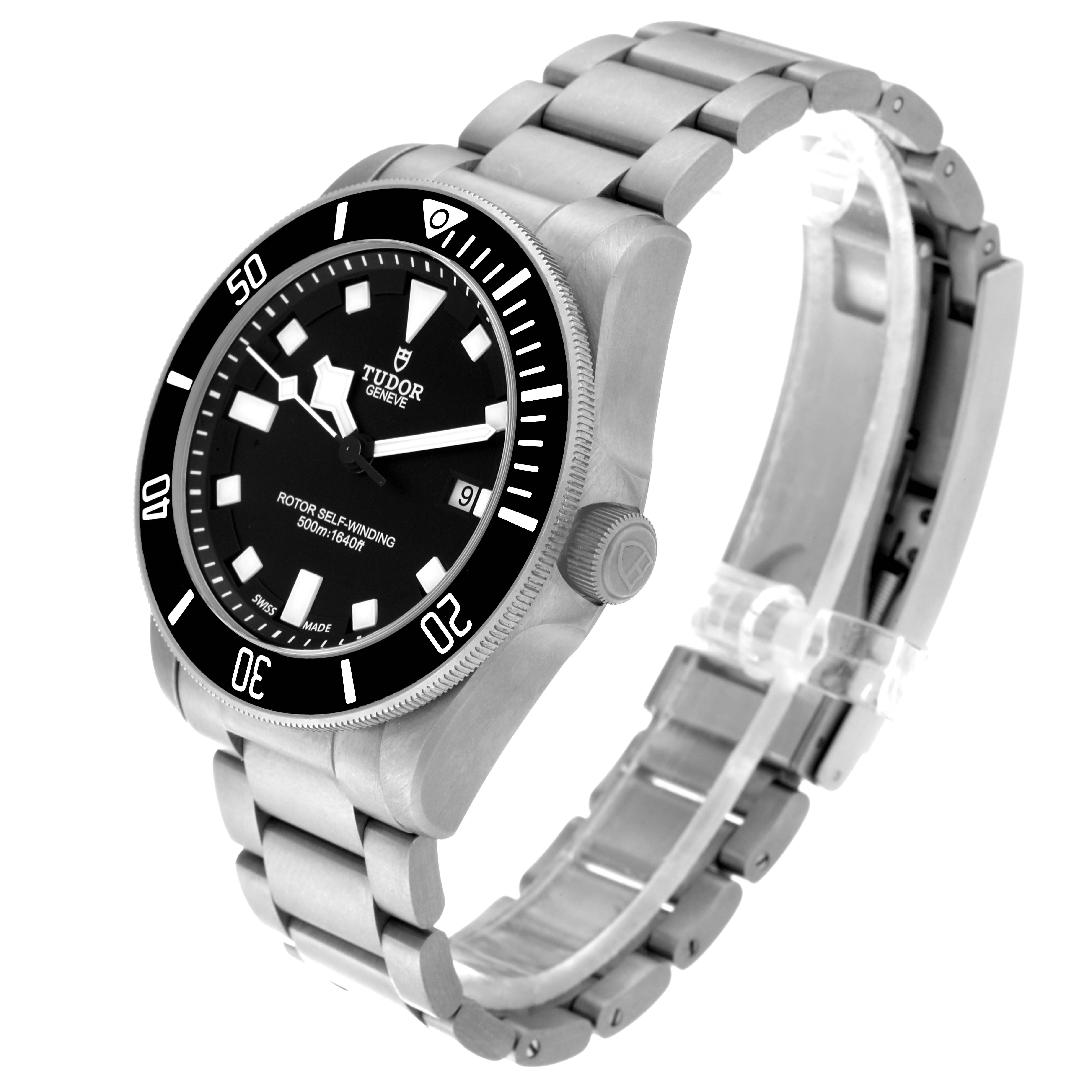 The Tudor Pelagos 25500TN Men's Titanium Black Dial 25500TN Men's Titanium Black Dial watch is shown at an angle highlighting the black dial, bezel, and metal bracelet.