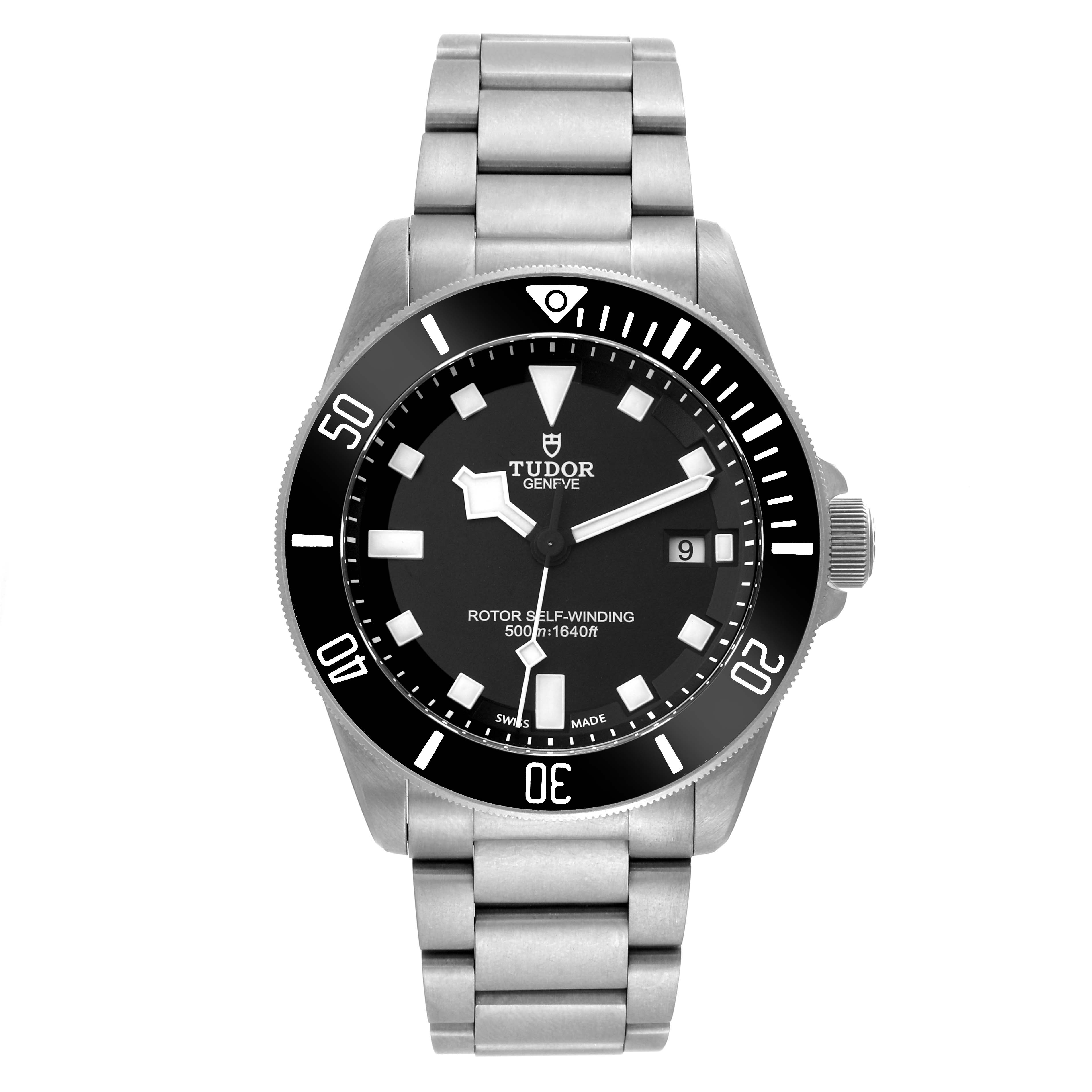 The image shows a front-facing view of the Tudor Pelagos 25500TN Men's Titanium Black Dial 25500TN Men's Titanium Black Dial watch, displaying the face, dial, bezel, and bracelet.