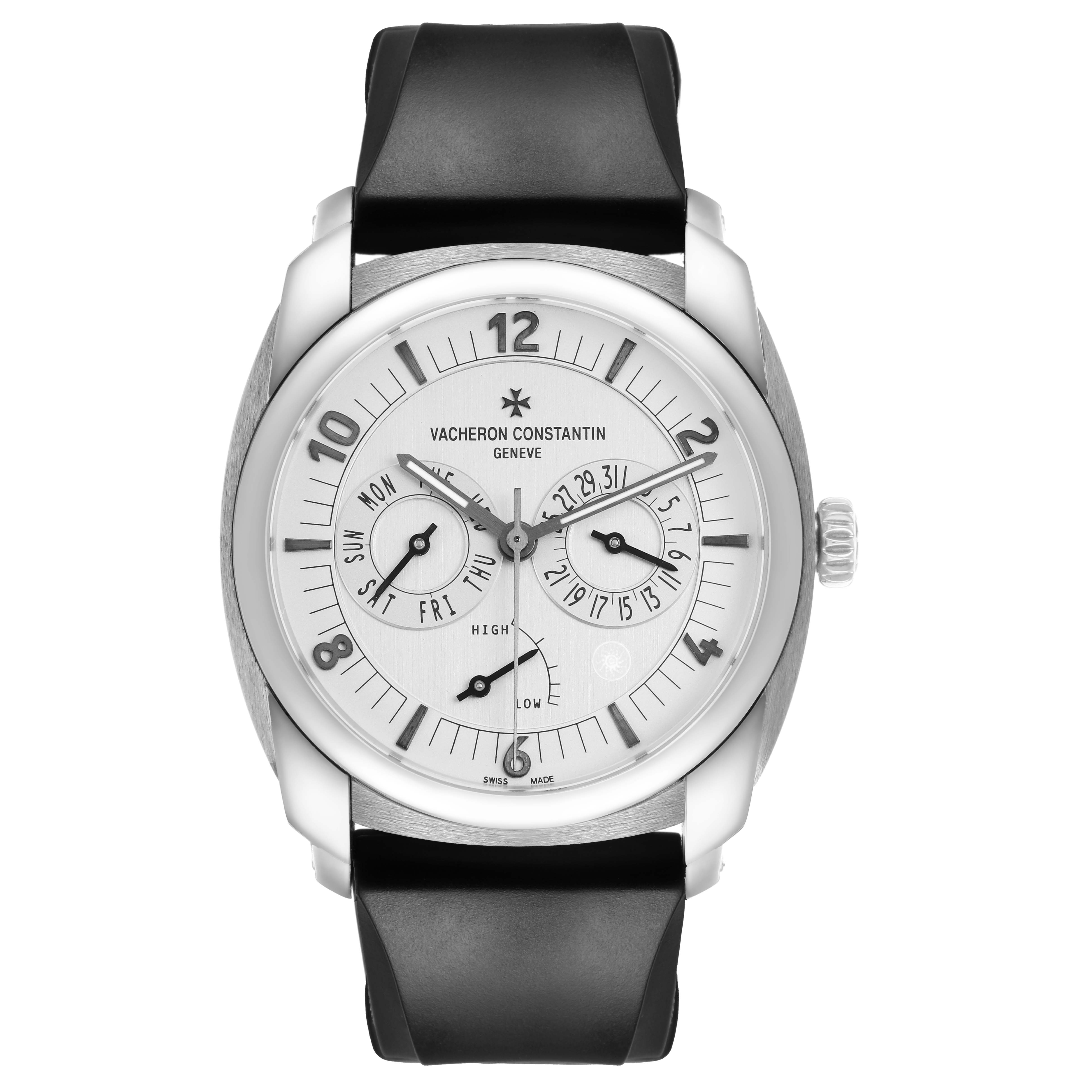 The Vacheron Constantin Quai de l'Ile watch is shown from a front angle, displaying its face, bezel, and strap.