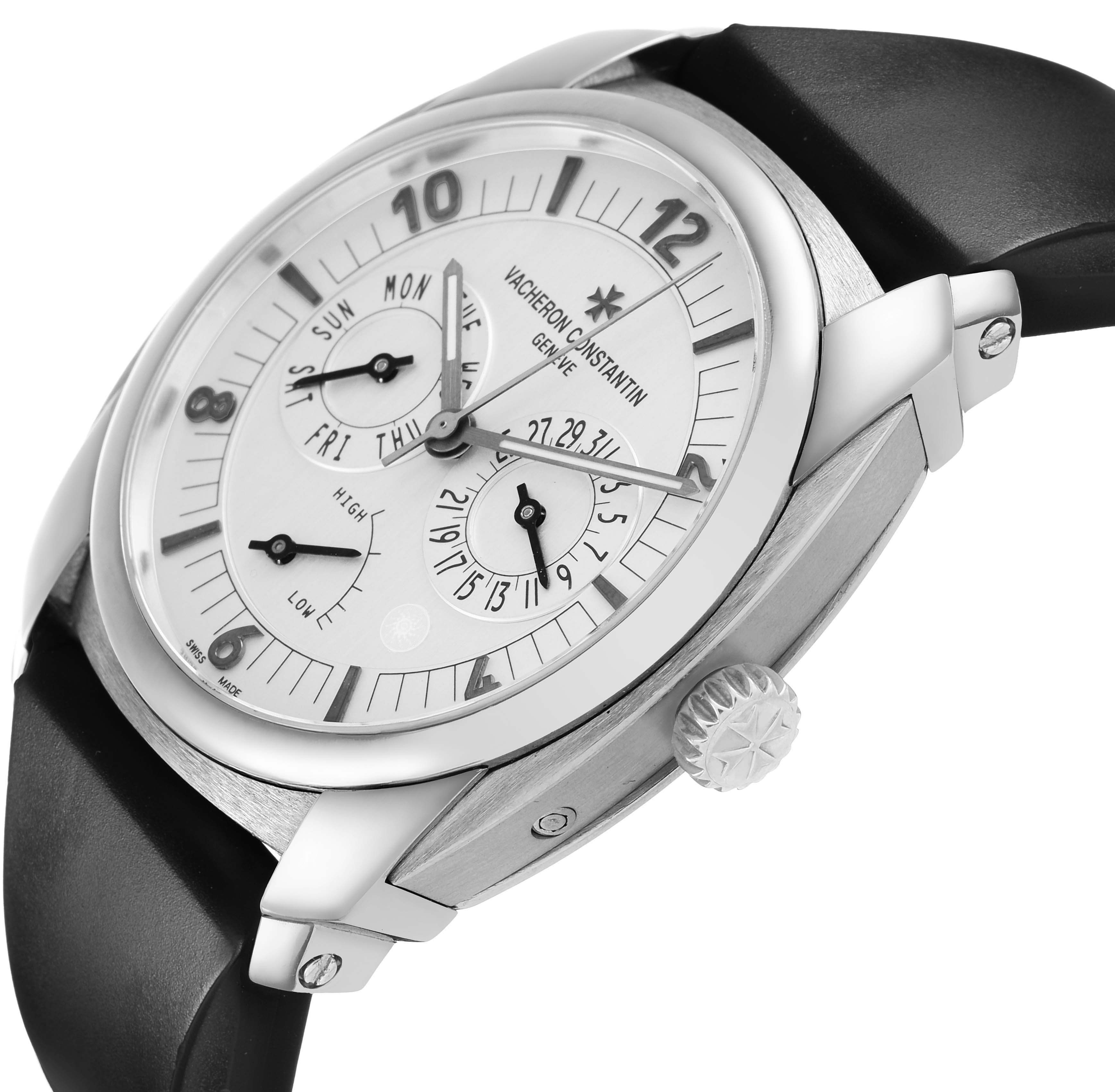 The Vacheron Constantin Quai de L'ile watch is shown from a three-quarter angle, highlighting the dial, crown, and case details.