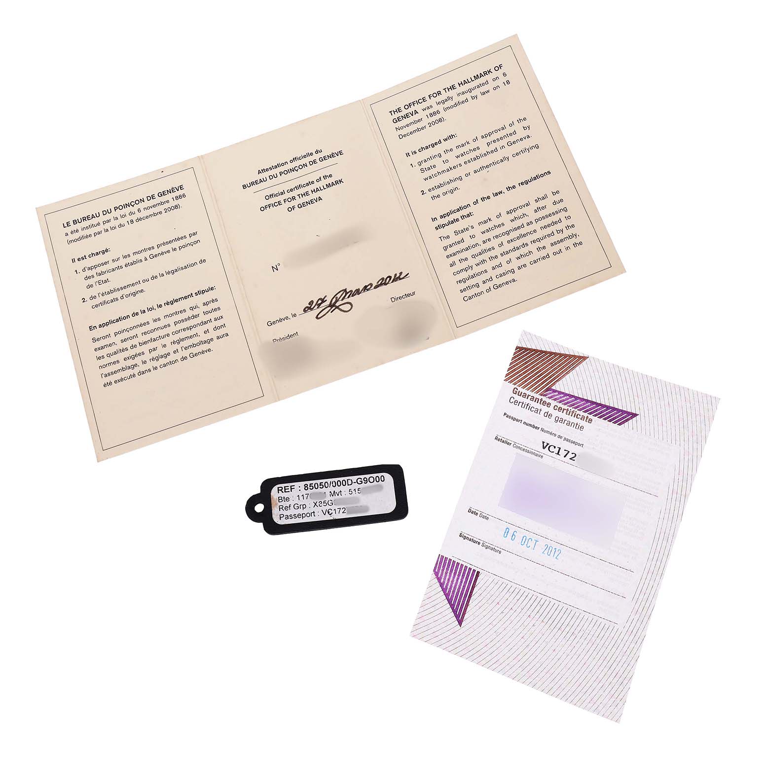 The image shows documents and a tag for the Quai de Lile model by Vacheron Constantin, including a certificate and reference tag.