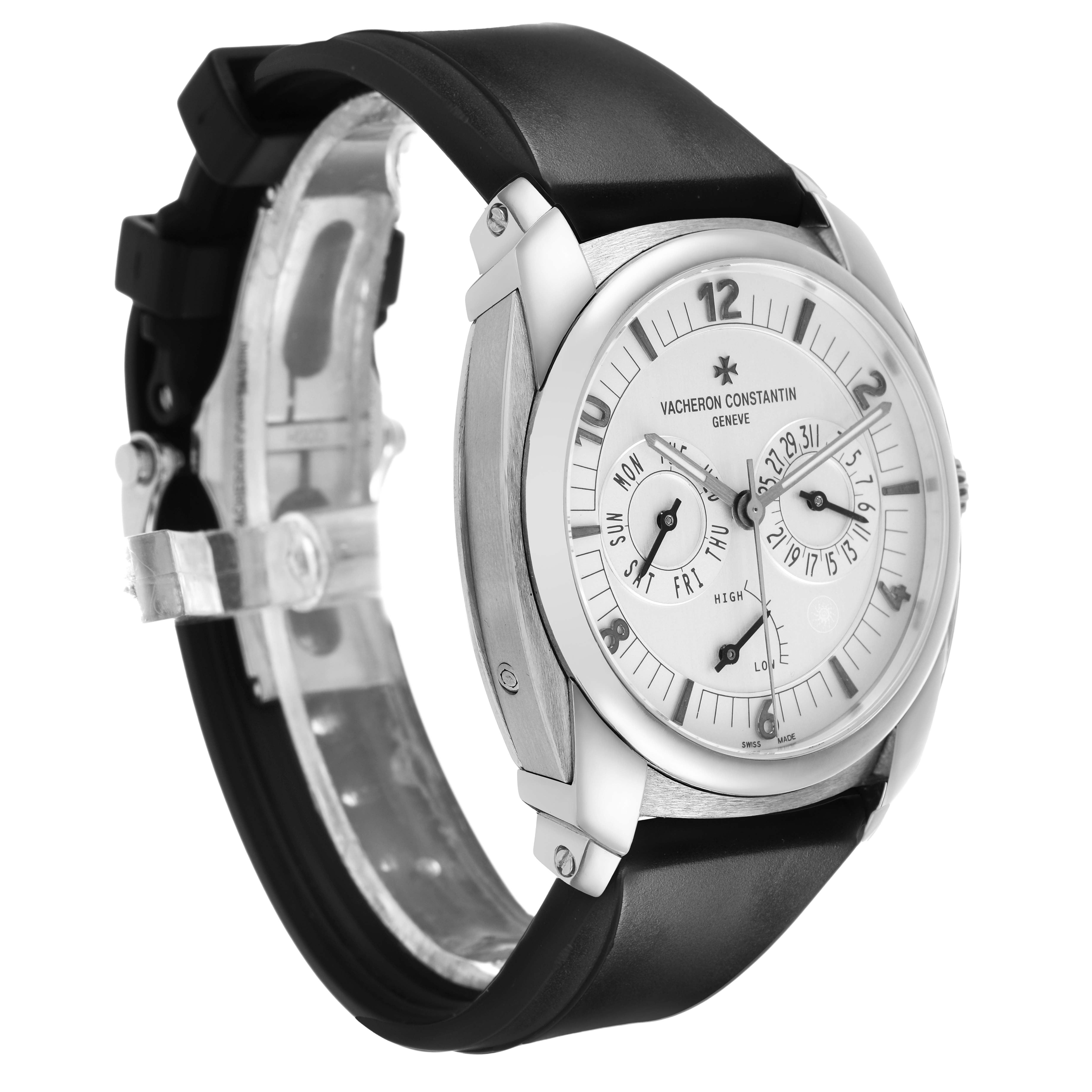 The image shows a side angle of the Vacheron Constantin Quai de l'Ile, highlighting its dial, rubber strap, and case.