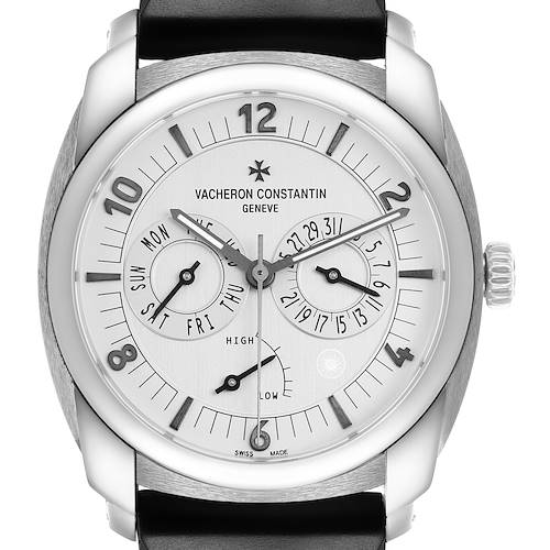 The image shows a front view of the Vacheron Constantin Quai de l'Île watch, displaying its dial, hands, and subdials.