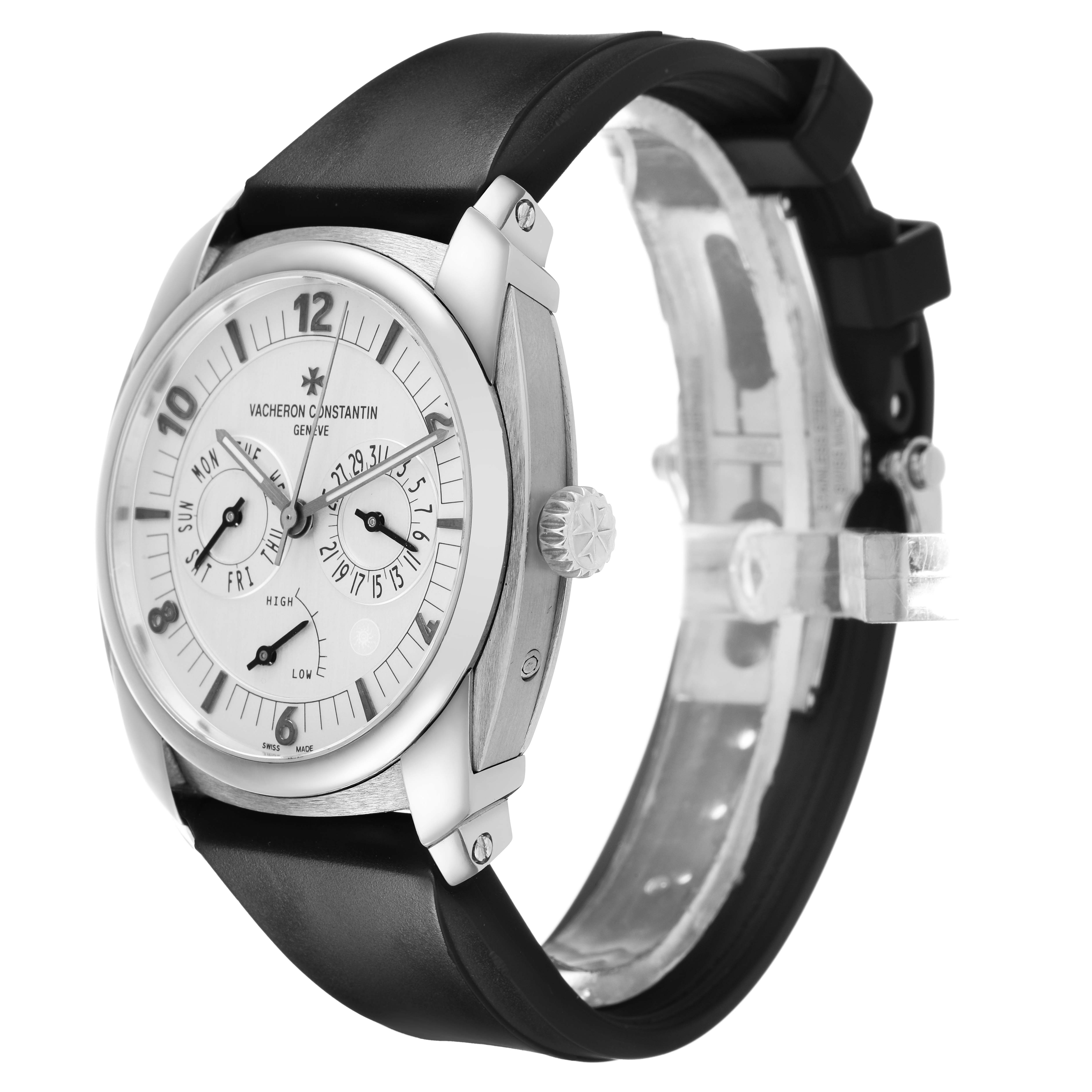 The image shows a Vacheron Constantin Quai de l'Ile watch at a three-quarter angle, highlighting the dial, case, crown, and strap.