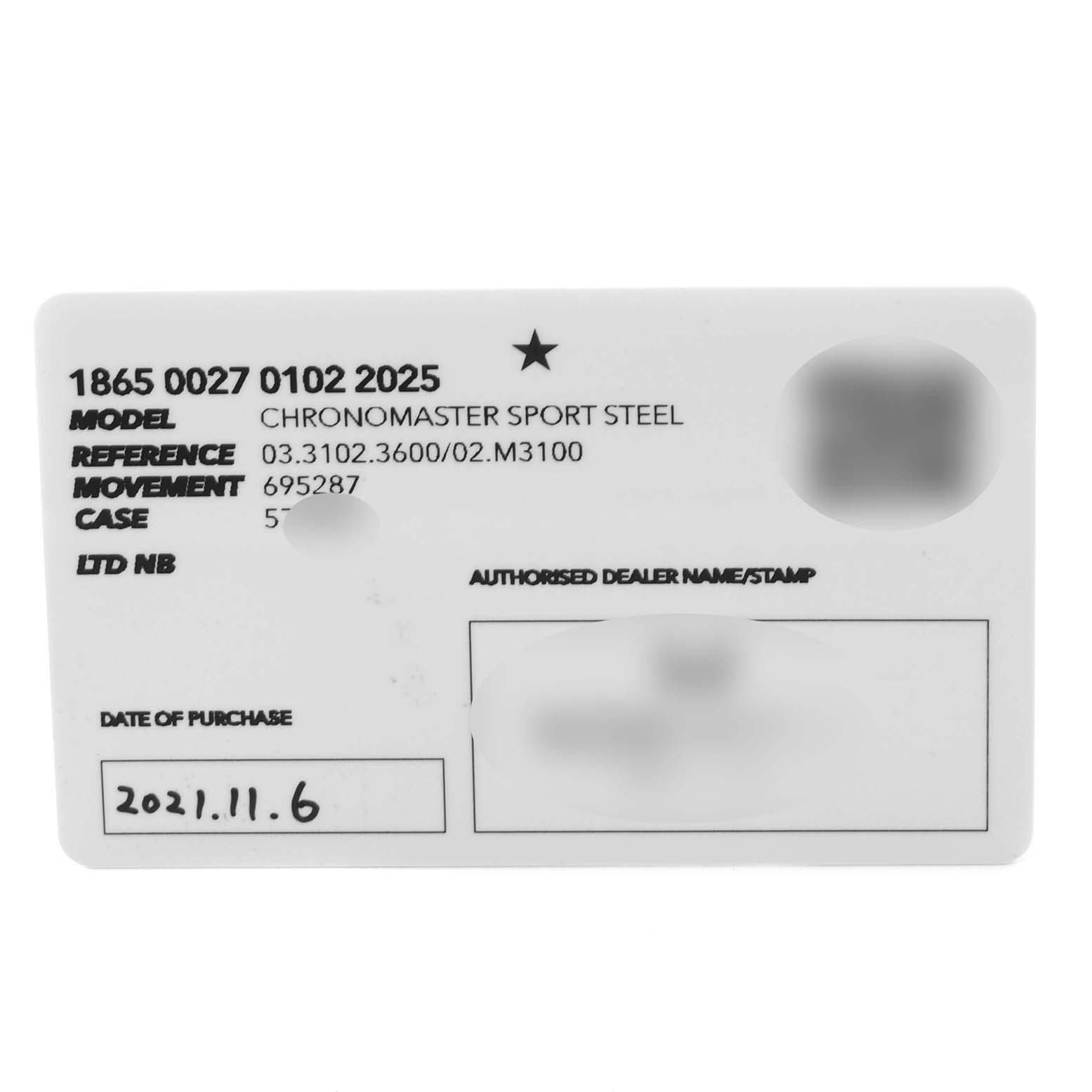 This image shows the warranty card for the Zenith Chronomaster 03.3102.3600 Men's Stainless Steel White Dial 03.3102.3600 Men's Stainless Steel White Dial Sport Steel, detailing the model, reference, movement, case, and date of purchase.