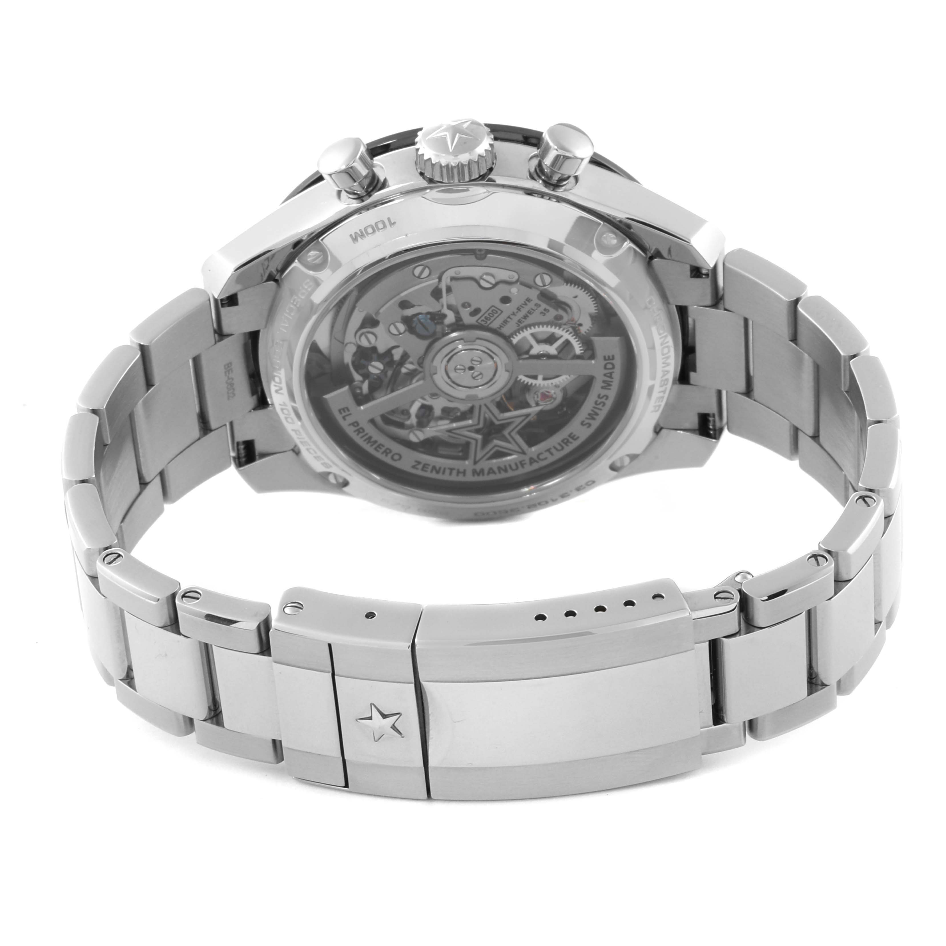 This image shows the rear view of a Zenith Chronomaster 03.3102.3600 Men's Stainless Steel White Dial 03.3102.3600 Men's Stainless Steel White Dial watch, highlighting the movement through the transparent case back and the stainless steel bracelet.