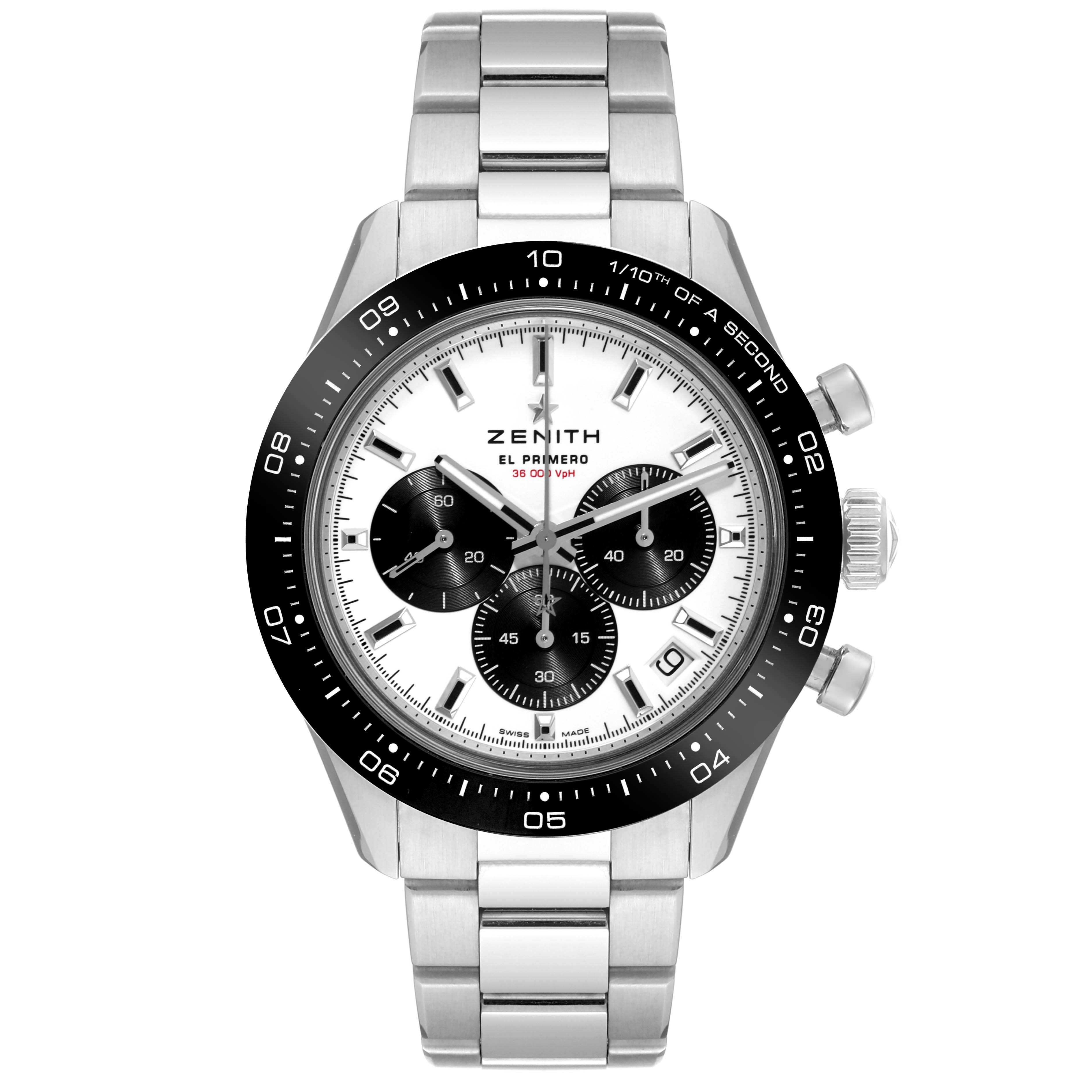 The image shows a front view of the Zenith Chronomaster 03.3102.3600 Men's Stainless Steel White Dial 03.3102.3600 Men's Stainless Steel White Dial watch, displaying its face, bezel, and stainless steel bracelet.