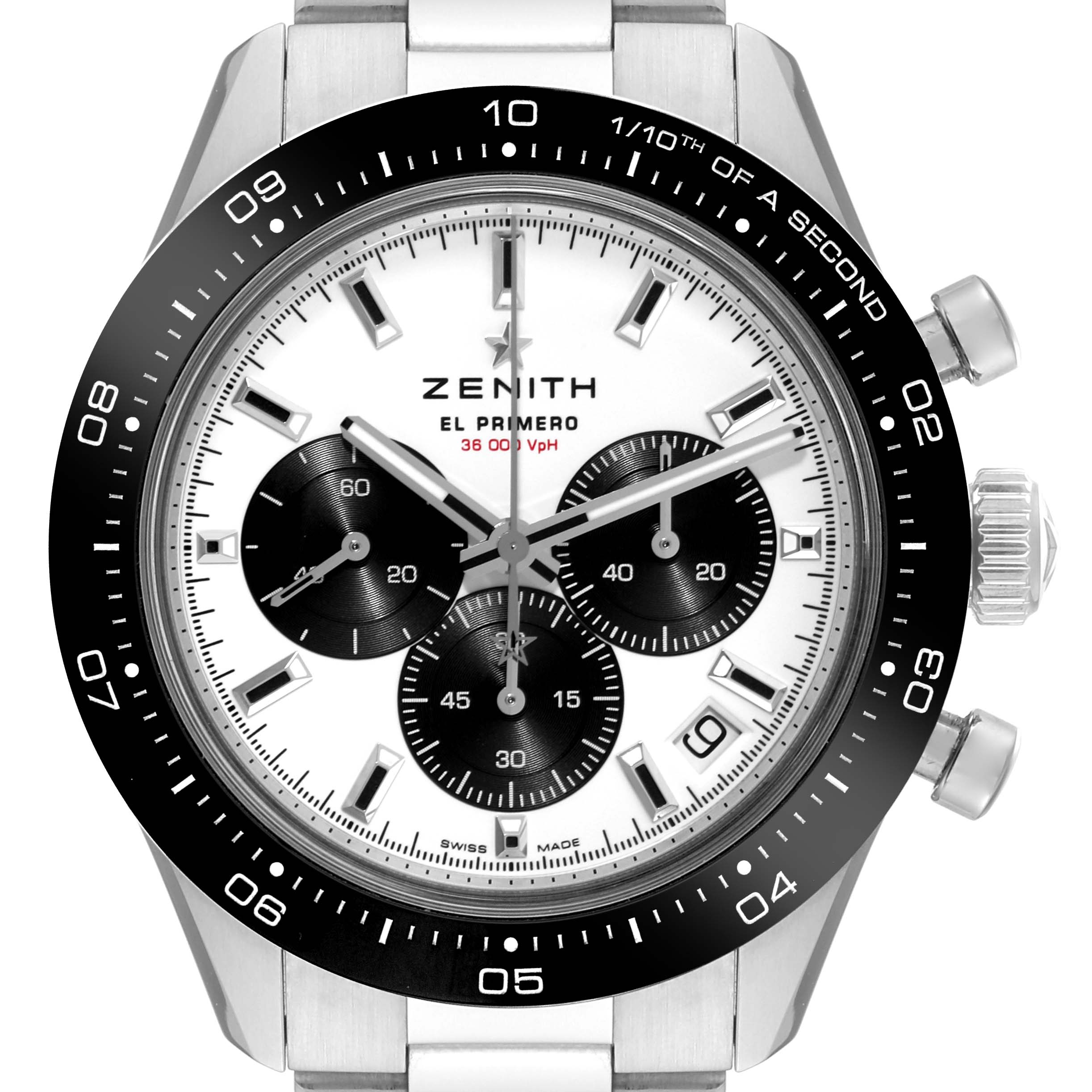 The image shows a front view of the Zenith Chronomaster 03.3102.3600 Men's Stainless Steel White Dial 03.3102.3600 Men's Stainless Steel White Dial El Primero watch, displaying its face, bezel, and part of its band.