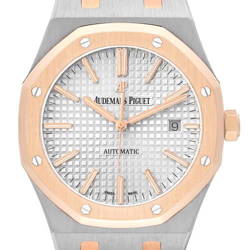 The image shows the front view of an Audemars Piguet Royal Oak 15400SR Men's Steel and Gold (two tone) Silver Dial watch, highlighting its octagonal bezel, dial, and crown.