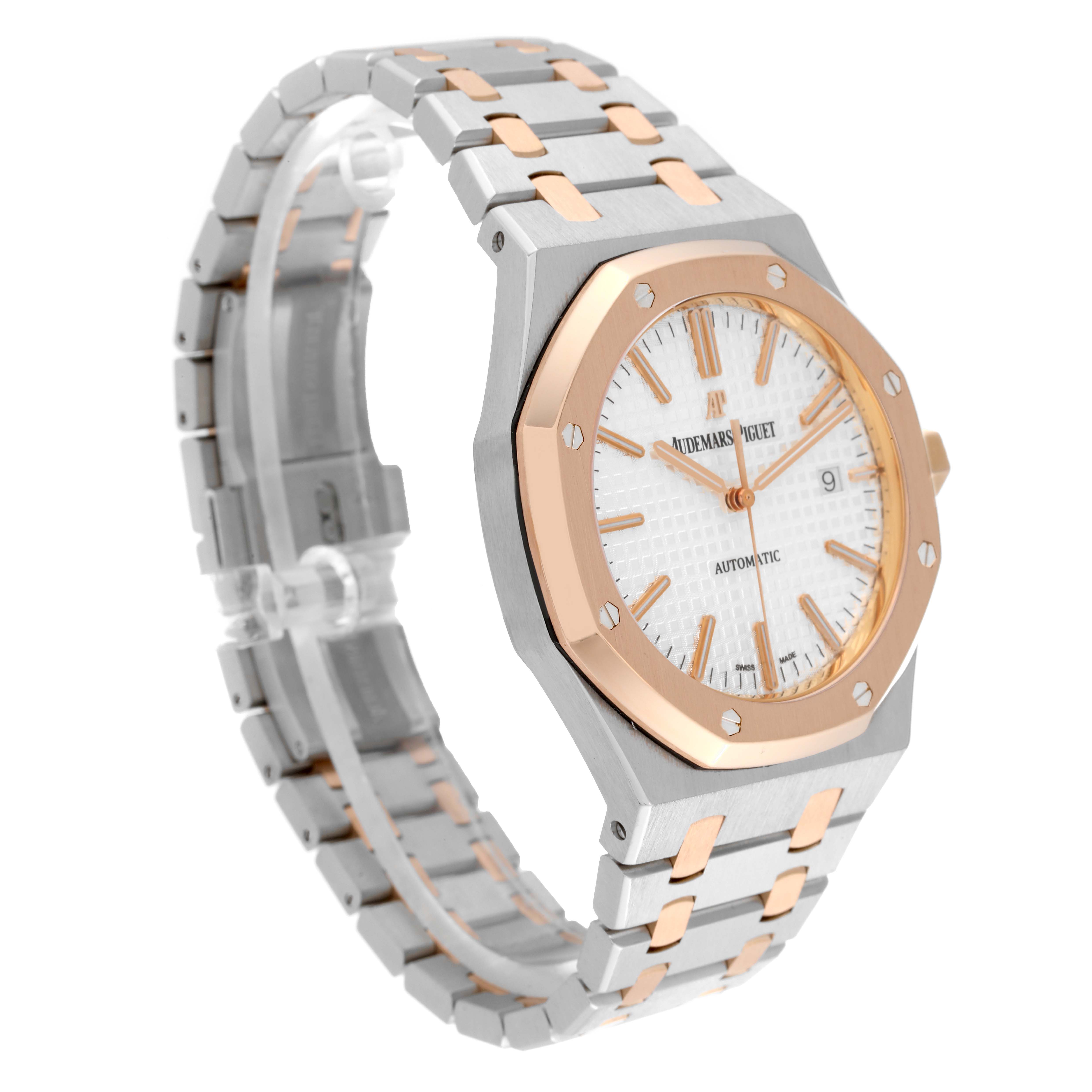 The image shows a side angle of the Audemars Piguet Royal Oak 15400SR Men's Steel and Gold (two tone) Silver Dial 15400SR Men's Steel and Gold (two tone) Silver Dial watch highlighting its two-tone bracelet and octagonal bezel.