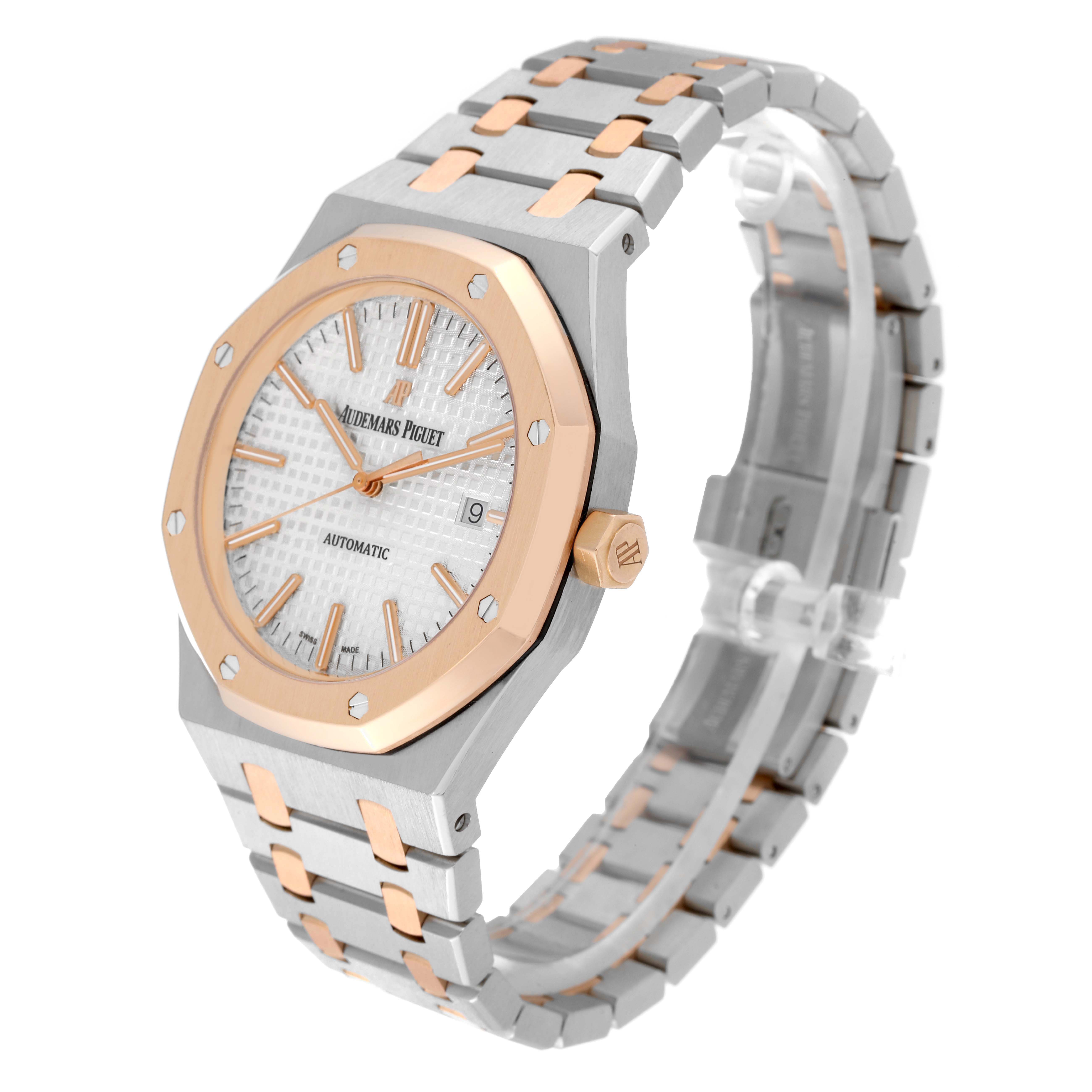 The Audemars Piguet Royal Oak 15400SR Men's Steel and Gold (two tone) Silver Dial watch is shown at a three-quarter angle, highlighting its bezel, crown, bracelet, and dial.