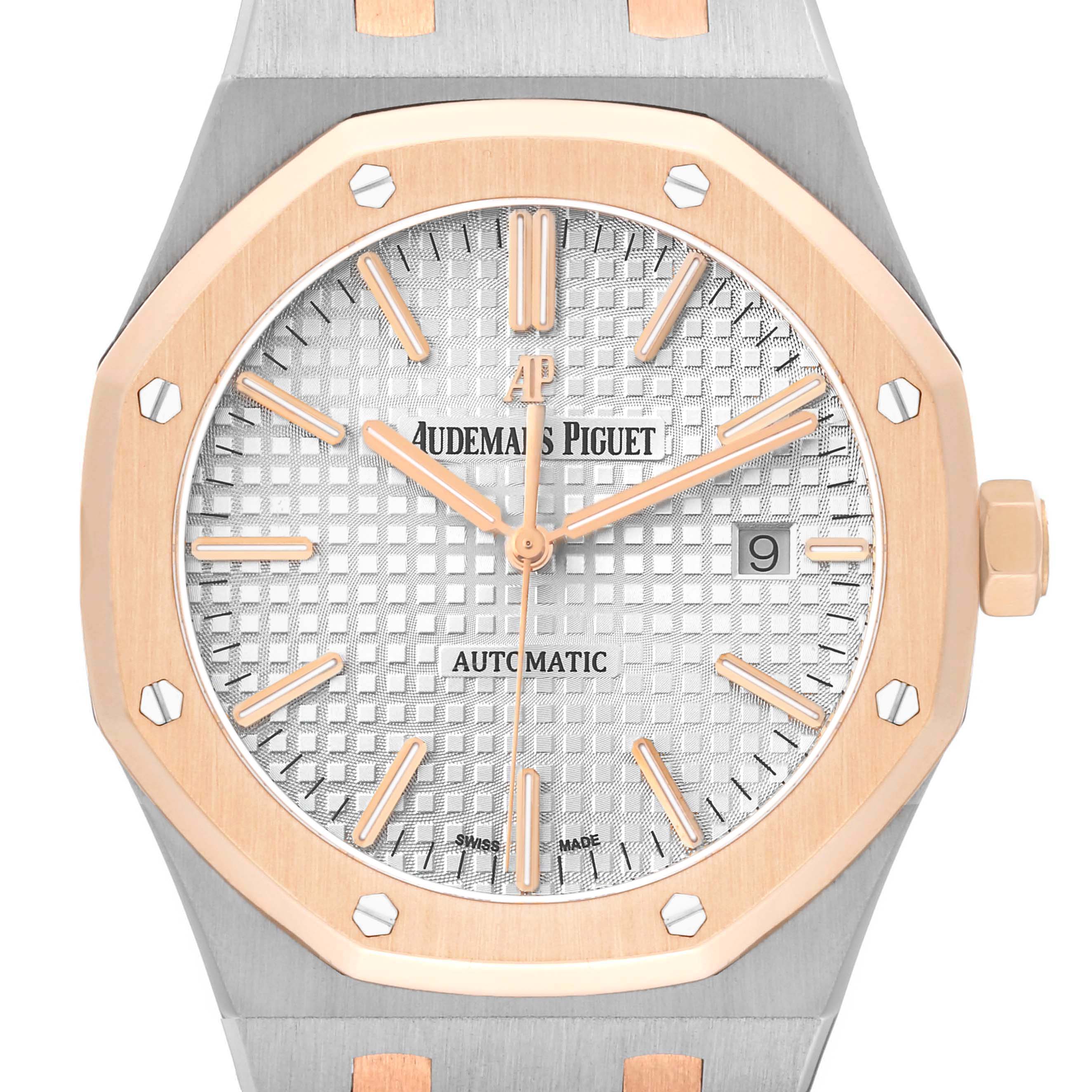 The Royal Oak by Audemars Piguet is shown in a front view highlighting the dial, bezel, hands, indices, and date window.