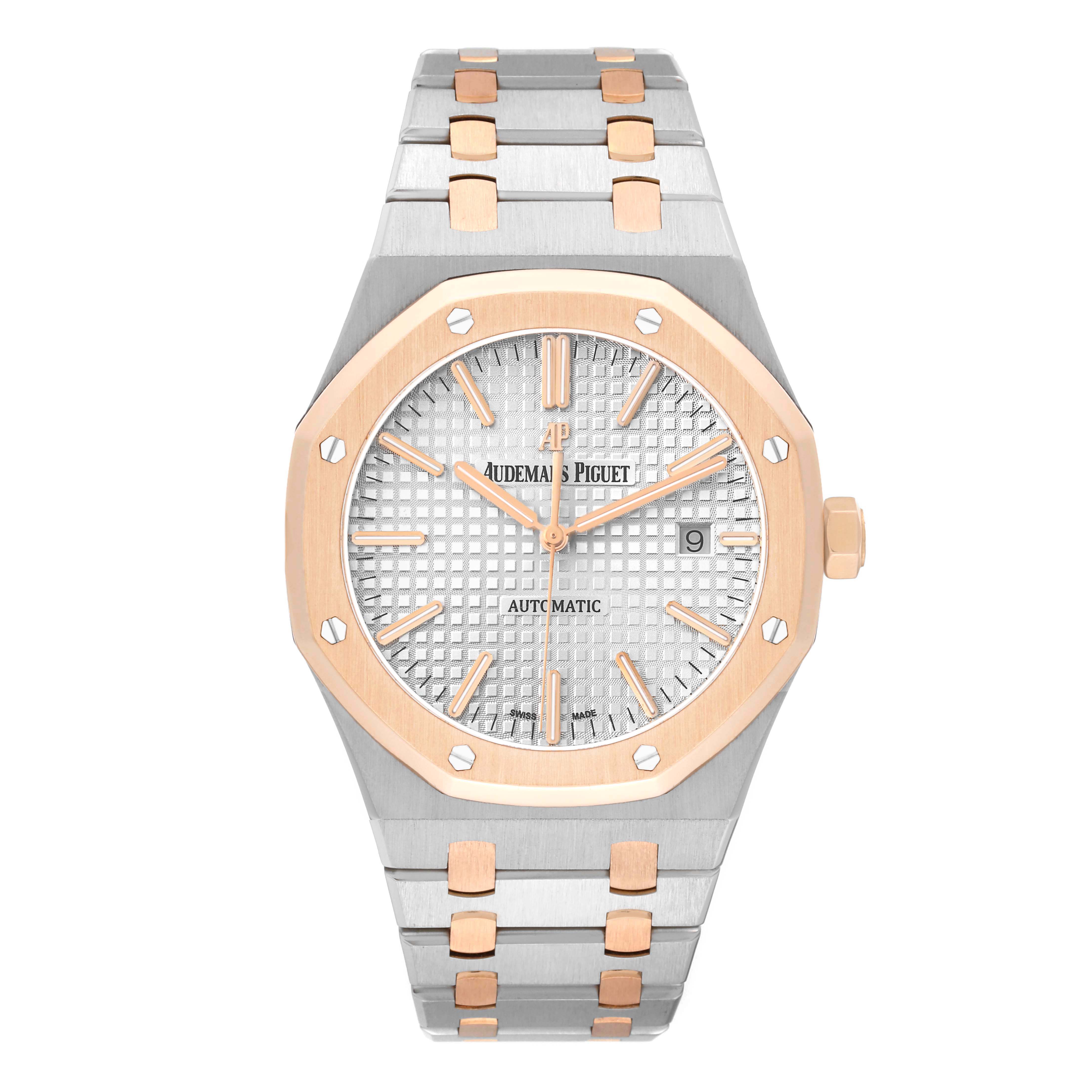 The Audemars Piguet Royal Oak 15400SR Men's Steel and Gold (two tone) Silver Dial watch is shown from the front, highlighting the dial, bezel, and bracelet.