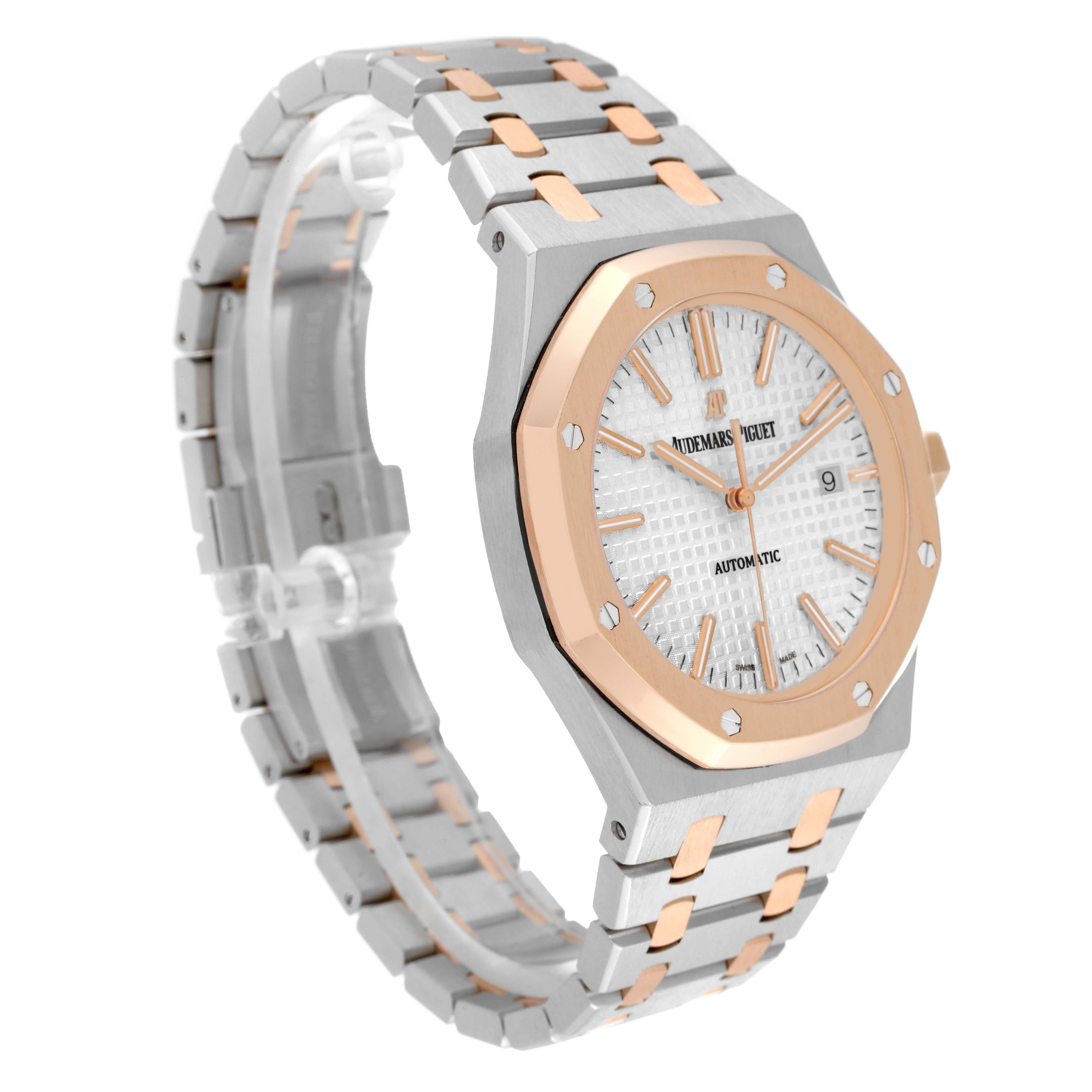 The Audemars Piguet Royal Oak 15400SR Men's Steel and Gold (two tone) Silver Dial watch is shown at a three-quarter angle, highlighting its bracelet, bezel, and dial.