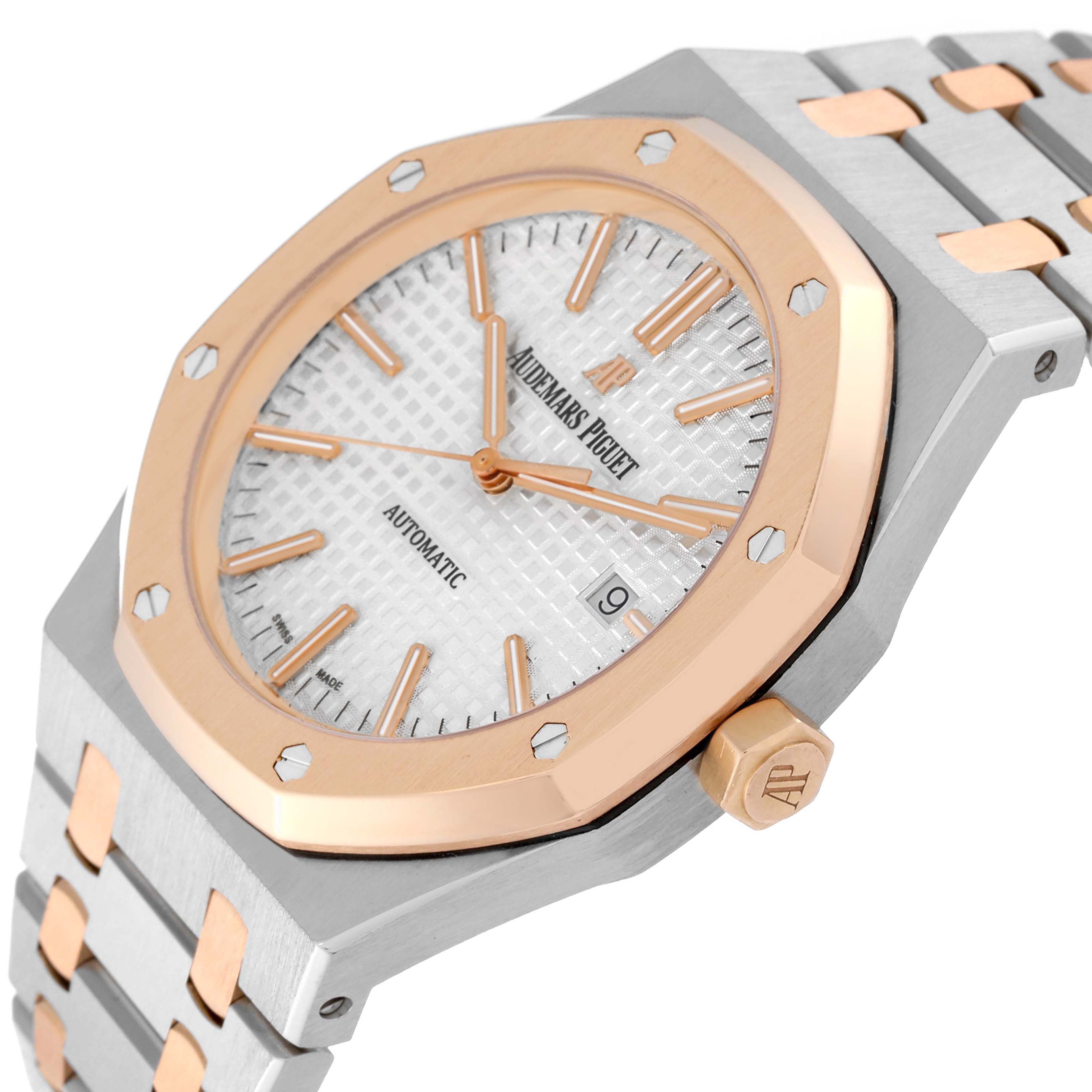 The image shows a close-up angled view of an Audemars Piguet Royal Oak 15400SR Men's Steel and Gold (two tone) Silver Dial watch, highlighting the bezel, dial, and part of the bracelet.